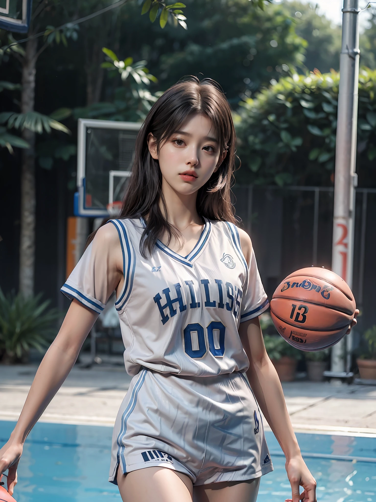 (8k, Best Quality, Masterpiece: 1.2), (Realistic, Realistic: 1.37), Ultra Detailed, Best Quality, Ultra High Resolution, Professional Lighting, Photon Mapping, Radiosity, Physically Based Rendering, Cinematic Lighting, Basketball court, depth of field, clear focus, sunlight, good composition, (bokeh: 1.2) 1girl, solo, (full body), (closed mouth), beautiful and detailed eyes, pose, narrow waist, basketball uniform, black hair , messy hair, long hair blowing in the wind, (ulzzang-6500:1.2) mix4, hiqcgbody