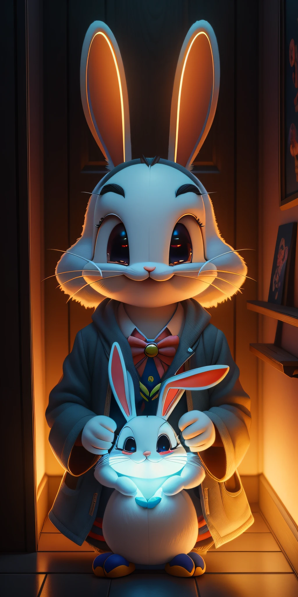 Super Cute  Bugs Bunny Cartoon Character Bugs Bunny Unreal Engine Warm Interior Lighting Station Art Detailed Digital Painting Character Design Mark Ryden Pixar Hayao Miyazaki Unreal 5 Dazz Hyper Real - Octane Neon Rendering