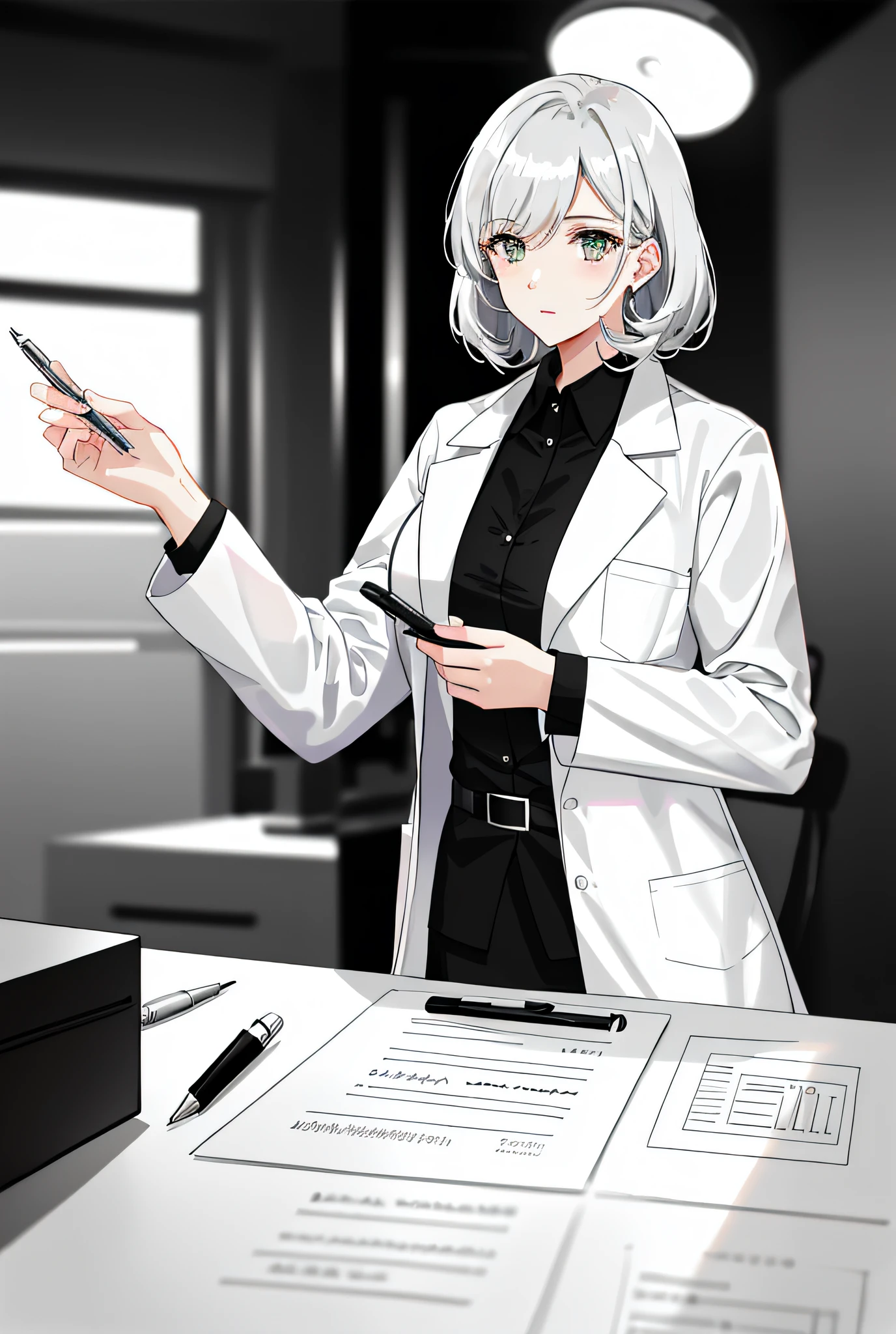 (Doctor in lab coat + female pathologist) handheld (clipboard and pen), serious facial expression, focused eyes, (Medical illustration / scientist / female investigator) style, flat illustration texture, (exciting illustration + female medical staff + female portrait) filter, high white balance saturation, Blur depth of field, (medical / scientific research) - (warm home + romantic style), (scientific spirit + benevolence of doctors) expression, concise (minimal) black and white toning light and shadow, save JPG format.