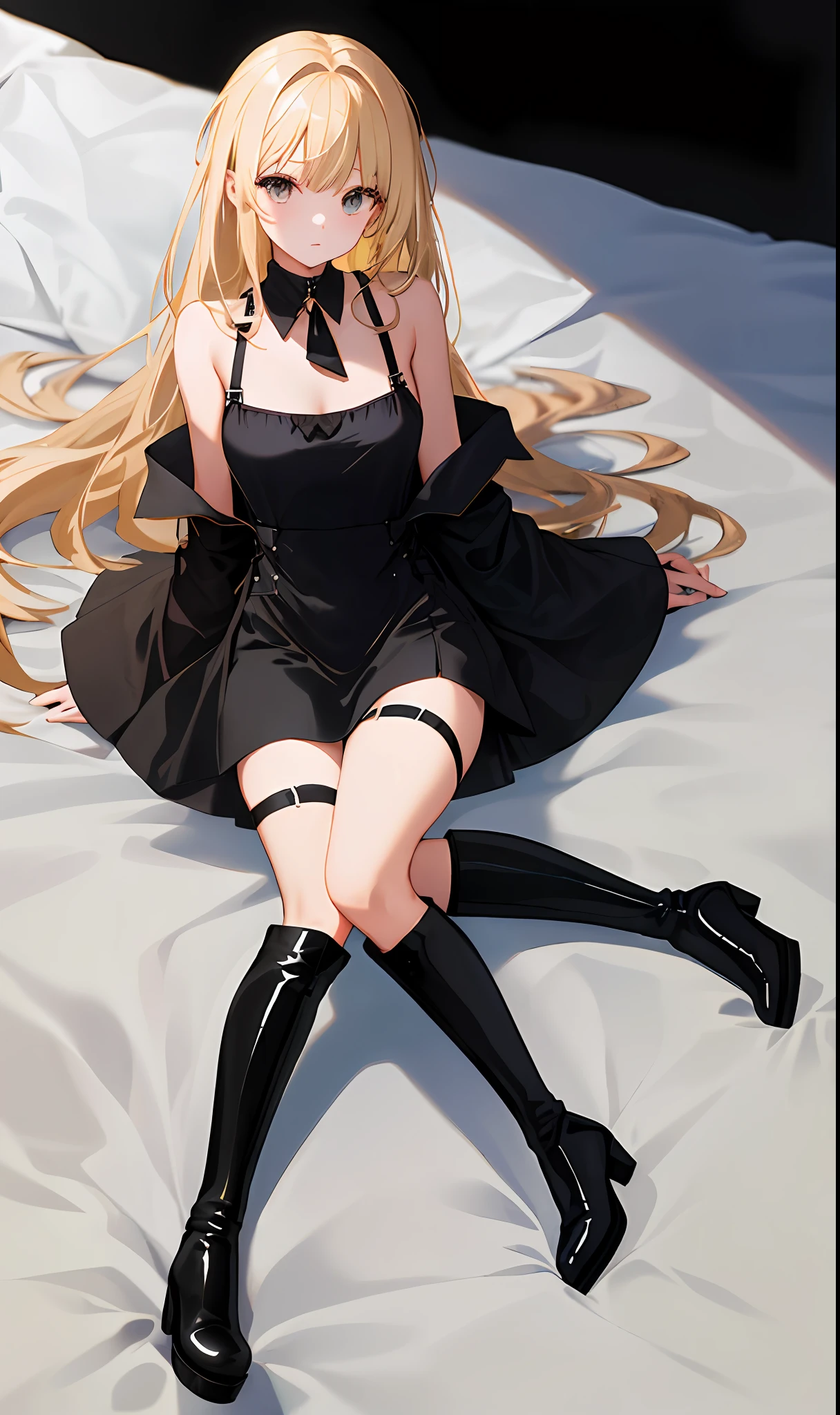 ((Masterpiece, Excellent)), (1girl), black off-the-shoulder slip dress, black suspender stockings, black high-heeled mid-tube boots, blonde hair