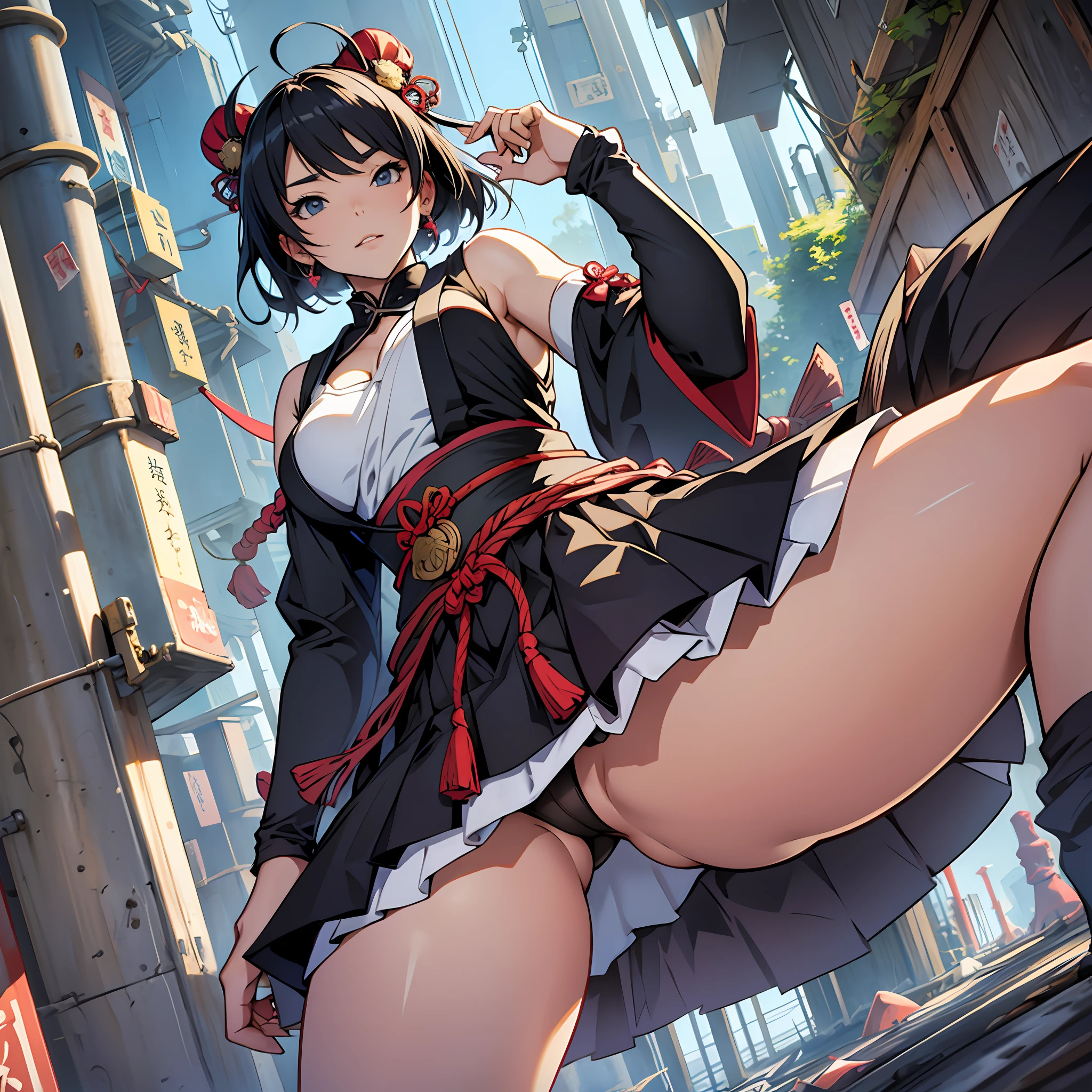 Japanese anime style. woman. Her lower half breasts are visible. A dark fantasy world. mini skirt. Stand and spread your legs. from below. --auto --s2