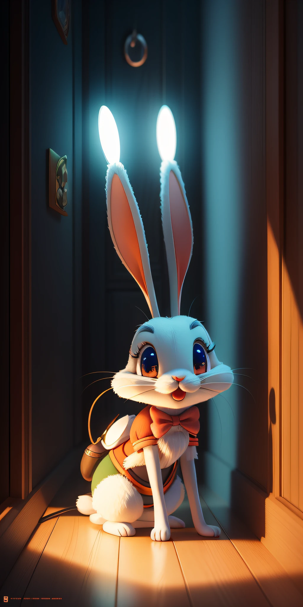 Super Cute Bugs Bunny Cartoon Character Bugs Bunny Unreal Engine Warm Interior Lighting Station Art Detailed Digital Painting Character Design Mark Ryden Pixar Hayao Miyazaki Unreal 5 Dazz Hyper Real - Octane Neon Rendering