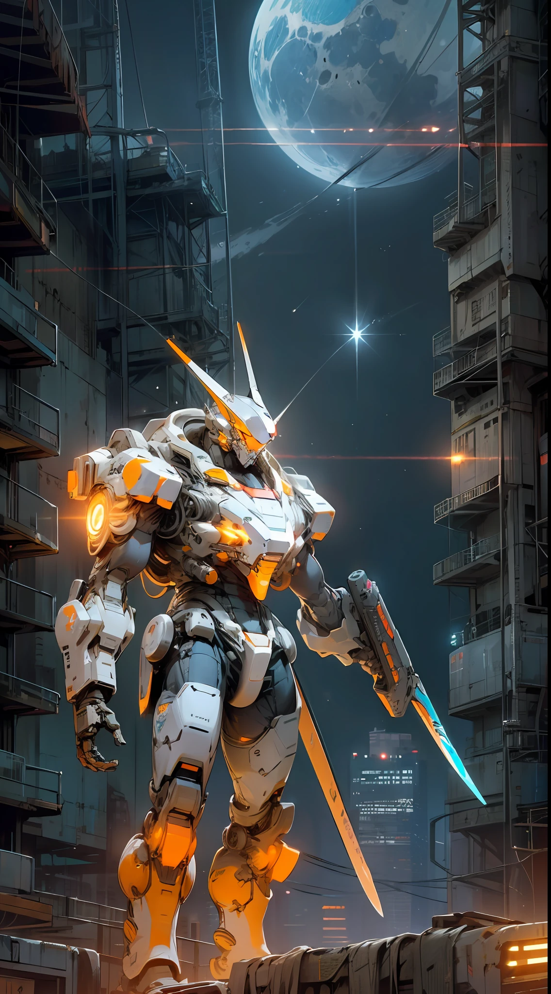 On the moon,barren planets, ruins, holding_weapon, no_humans, glowing, robot, building, glowing_eyes,orange mecha, science_fiction, city, realistic,mecha,Milky Way Galaxy background,neon,cyberpunk,