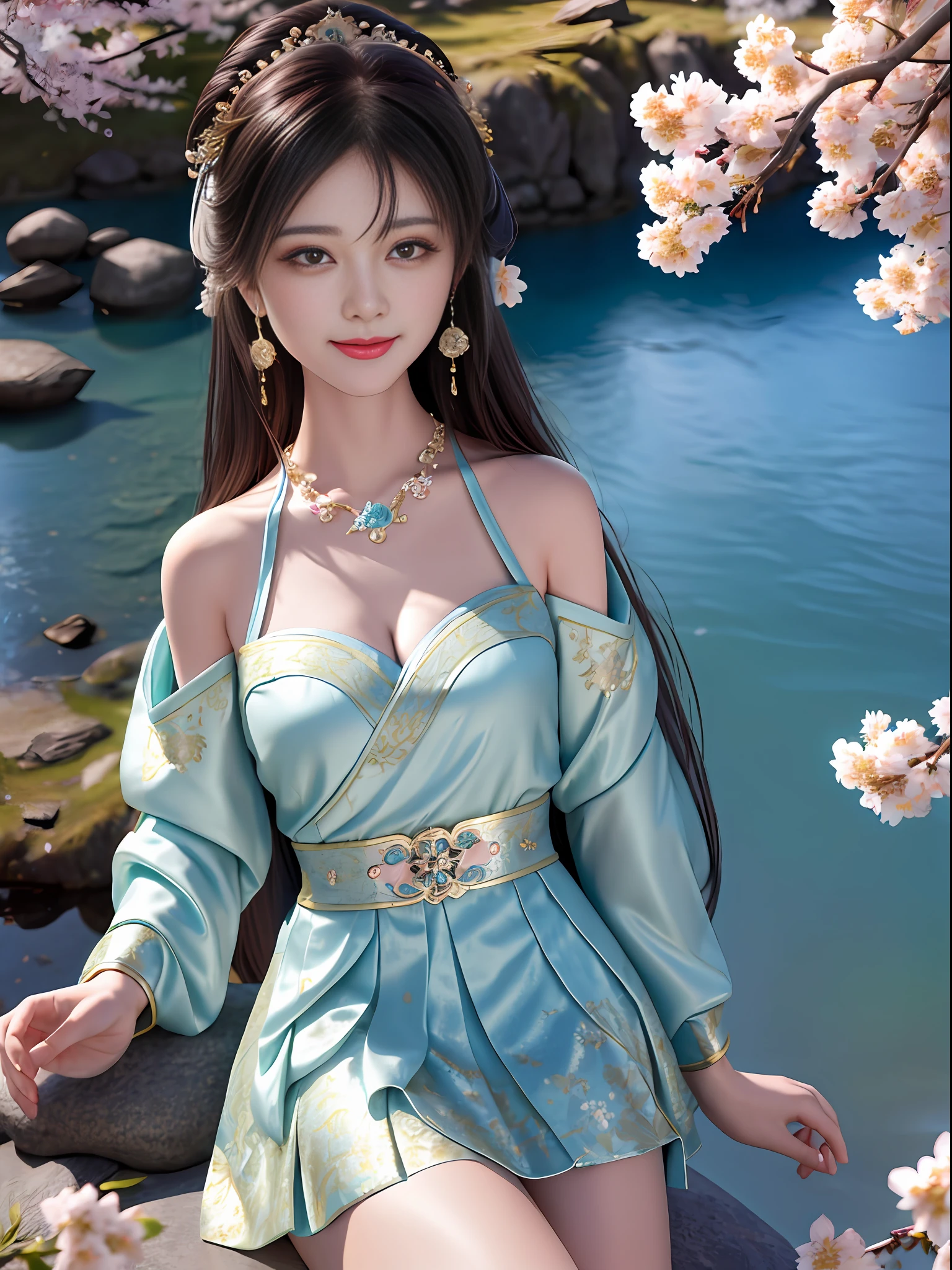 (((A girl))), ((solo)), (Best quality: 1.4), Masterpiece, High quality, High resolution, Excellent, Photo, 8k, wallpaper, very realistic and realistic, sitting on a stone, (with glasses), (blush), star pupils, (realistic face), (high detail face), smile, healing smile, bright big eyes, delicate eyelashes, beautiful face, beautiful face, (high detail skin), soft light, Chinese Ming dynasty Hanfu, ((dress), (short skirt), (Medium Chest), (Baneau), (Cleavage)), Leaky Shoulders, (Leaky Legs), Long Sleeves, (Long Hair), (Bangs), (Hair Accessories), Jewelry, Necklaces, Jewelry, Beauty, Light, ((Mountain), (Lake), (Cherry Blossoms)), High Detail Background, 8K UHD, DSLR, High Quality, Voyeur, Photo, High Resolution, 4K