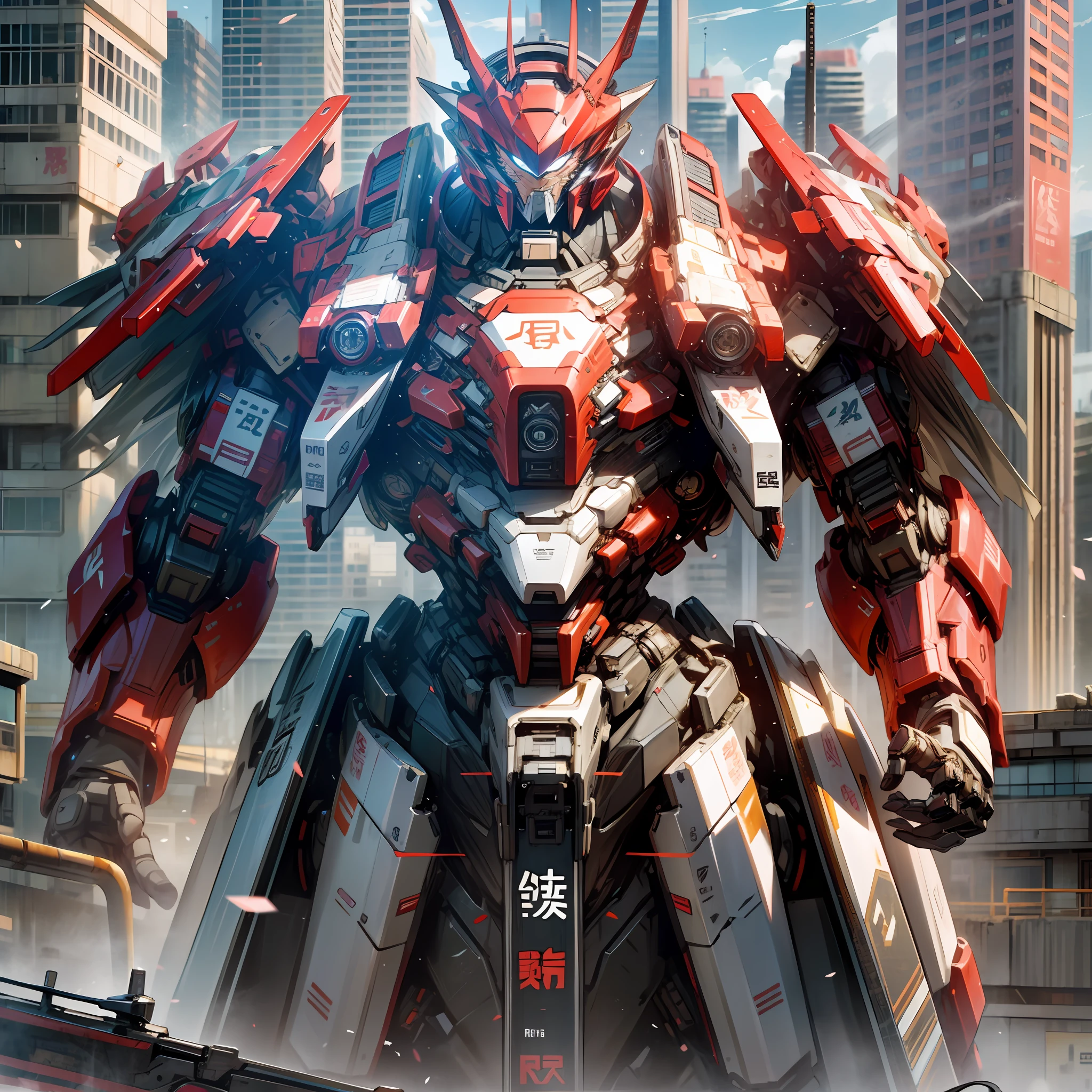Pacific Rim mecha style, the background is the city, the mecha is higher than the city, the super large silver mech, holding a giant sword, the giant sword emits dark red light, there is a close-up of the face, and there is a fire weapon, the body is printed with Chinese Jishui 4 red characters, realistic style, top view, the picture is 8K resolution --auto --s2