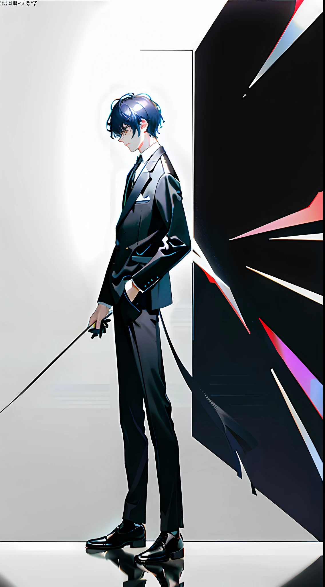 side, side view, (side 1.2), extra-long lens, sideways full body shot, a 20-year-old boy standing there, wearing a black blazer and white shirt, extreme detail,