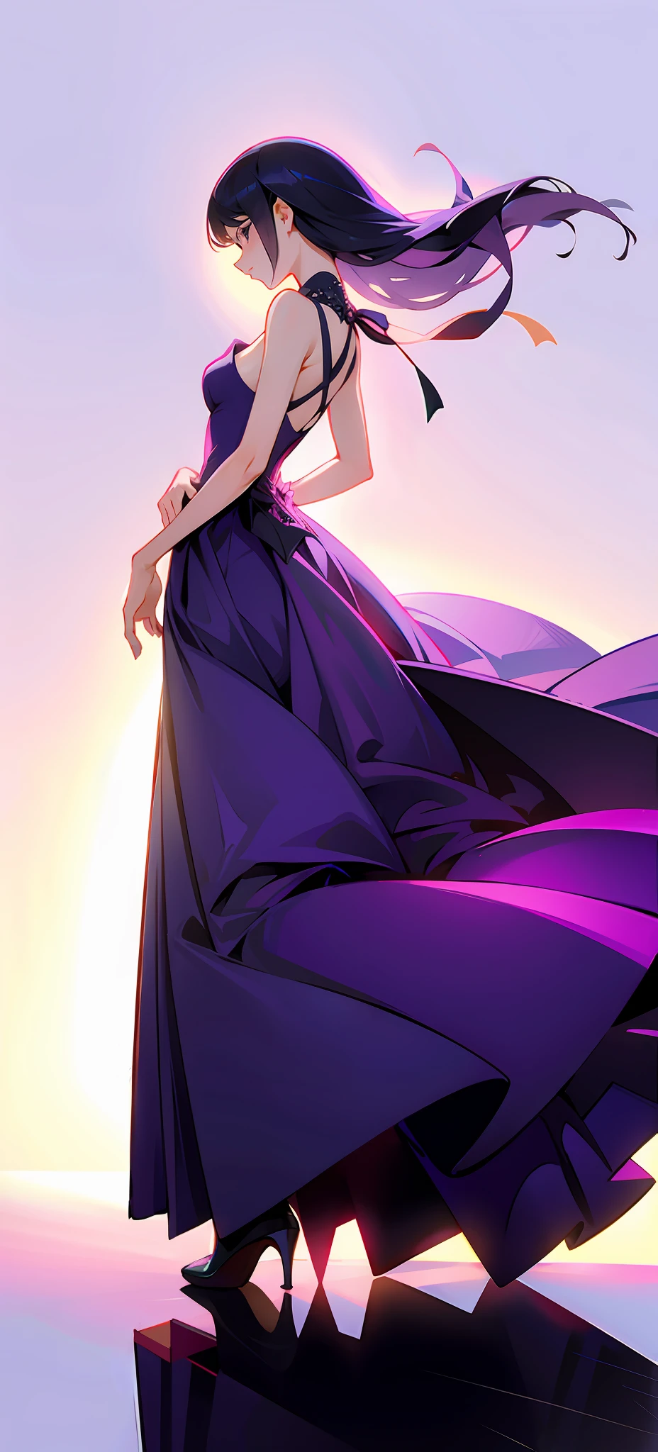 Side view, sideways, side women, light purple evening dress, high heels,