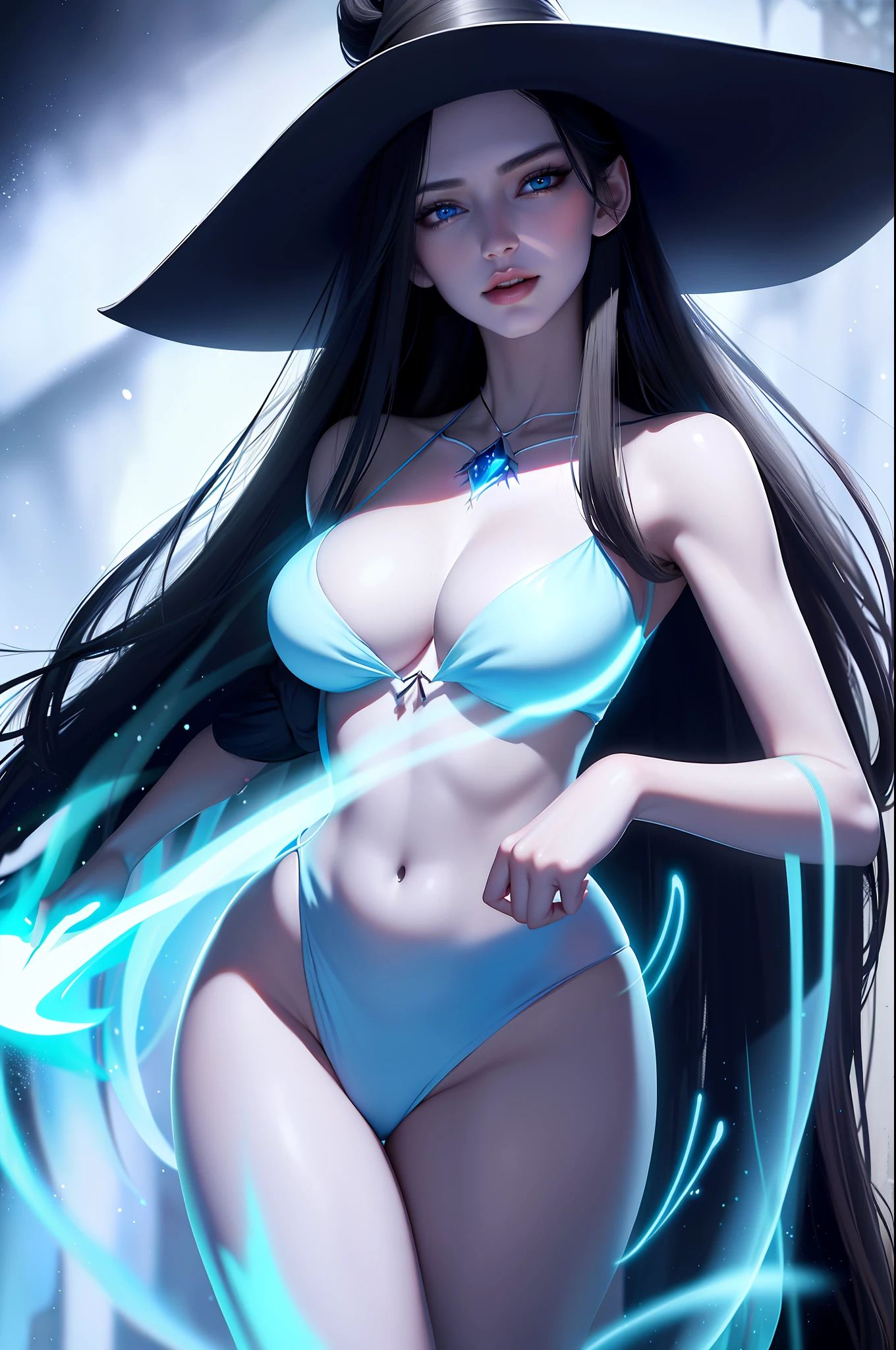 Sexy beautiful woman with a perfectly proportioned face, realistic facial expression, long black hair, light blue eyes, pale skin, wearing a black robe with intricate decorations, witch, confident expression (dynamic Angle, dazzling blue eyes, delicate necklace, charming smile), (magic mystical background, fireflies, glowing particles, ethereal fog, faint darkness), high saturation, movie light, edge light, best shadow