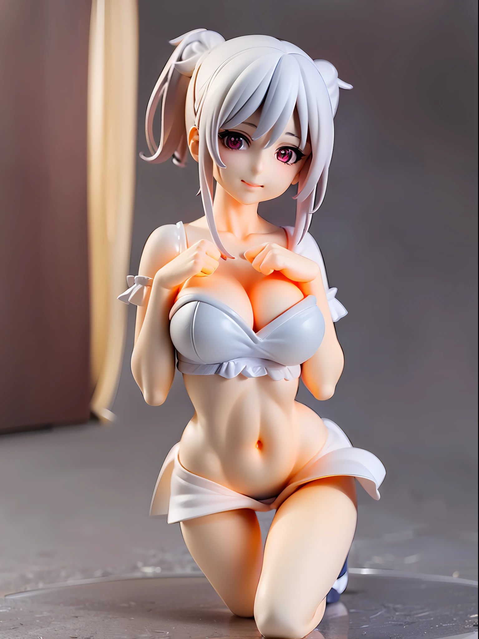 1girl,white hair,((twin tail, lightbule hair highlight)),orange eye, white sporys bra,white strapless dress, full body, chibi, [realistic], [3d], (3dcg), ((octane render)), smile, closed mouth, (8k, RAW photo, best quality, masterpiece:1.2), ultra high res, (((realistic, photo-realistic))), professional lighting, detailed lighting, professional photography, f dynamic angle, high quality, high res, extremely detailed, bloom,depth of field, sketch, sharp focus, soft lighting, good composition, god light highlight, detailed, (((photorealistic details))), detailed skin, to8contrast style