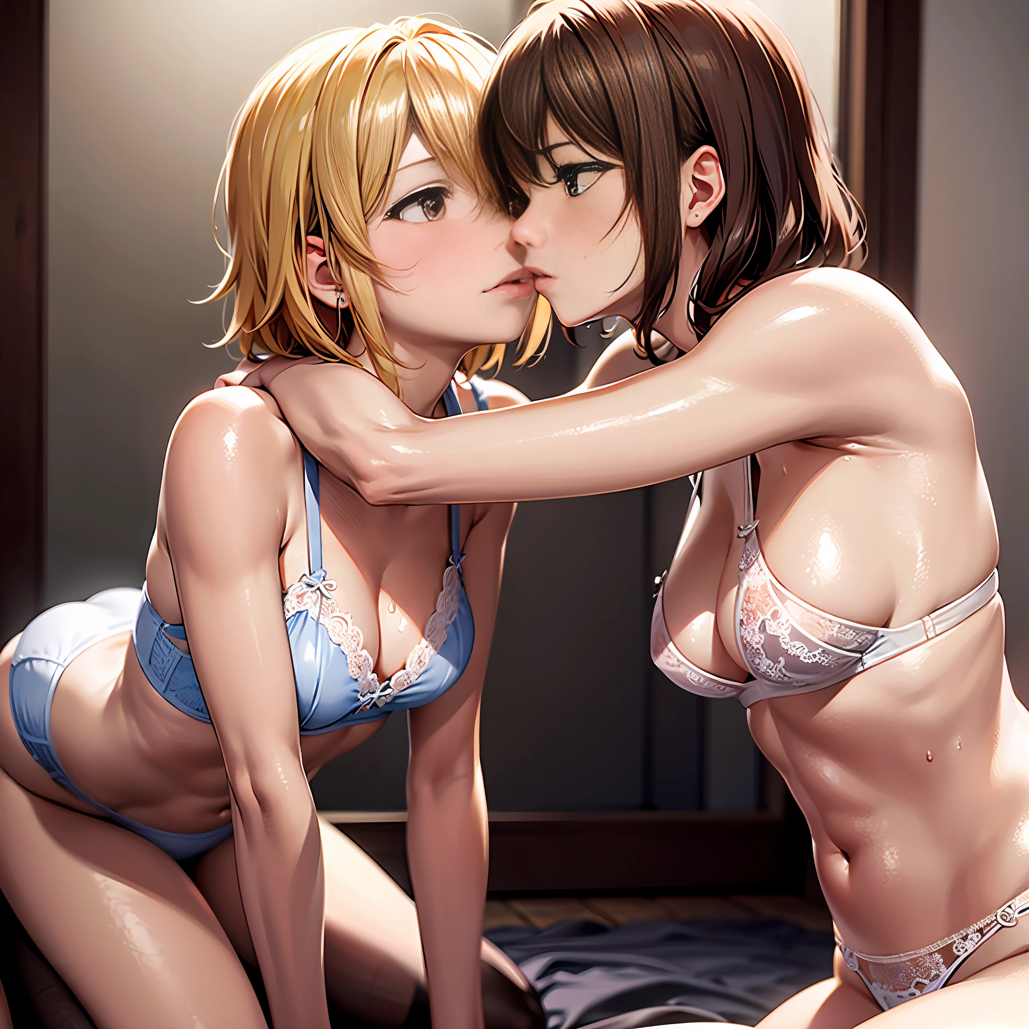 Misaka Mikoto, very delicate and detailed, short hair (yellow clip hair fastening). (brown hair), brown eyes, middle breast, high definition CG8K wallpaper), (very delicate and beautiful), (best quality: 1.0), (ultra high definition: 1.0), (very delicate hair), realistic shadows, [high definition], detailed skin, (very delicate eyes), red-black underwear, sweat, legs, hugging, kissing, kissing, face facing face