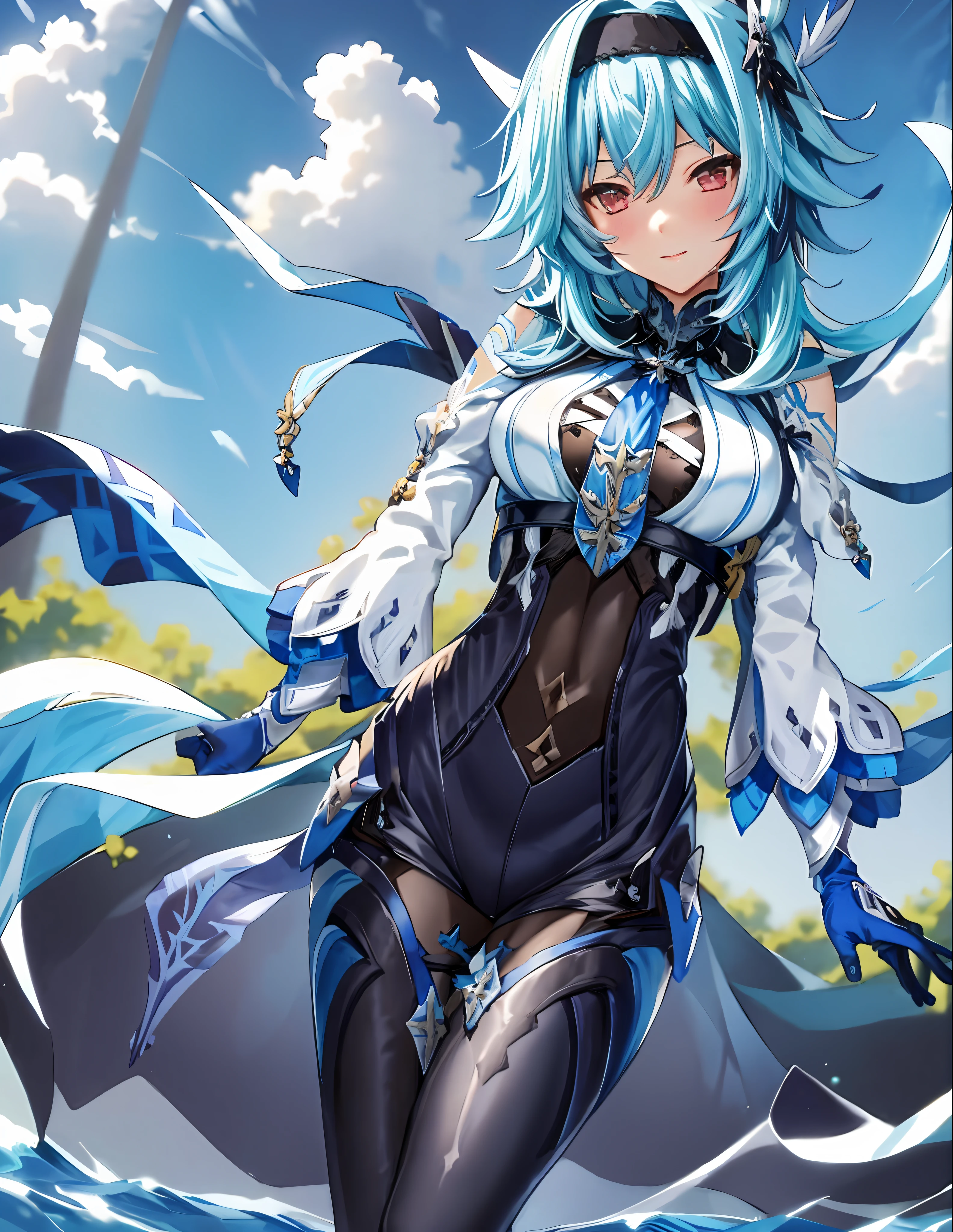 Genshin Eula Lawrence Masterpiece, Best Quality, Eula\ (Genshin Impact), 1 Girl, Solo, Blue Hair, Gloves, Look at the Audience, Smile, Headband, Tie, Thighs, Long Sleeves, Hair Accessories, Vision (Genshin-Impact), Thighs, Bangs, Sky, Blue Tie, Outdoor, Black Gloves, Black Headband, Yellow Eyes, Closed Mouth, Cape, Medium Hair, Copyright Name, Blue Sky, Long Hair, Water, Sky, Clouds, White Shoulders, Tight stockings, thigh straps, clothing cut, shoulder crop, blush, side lock, black thigh height, colored eyes, spray,, riding position
