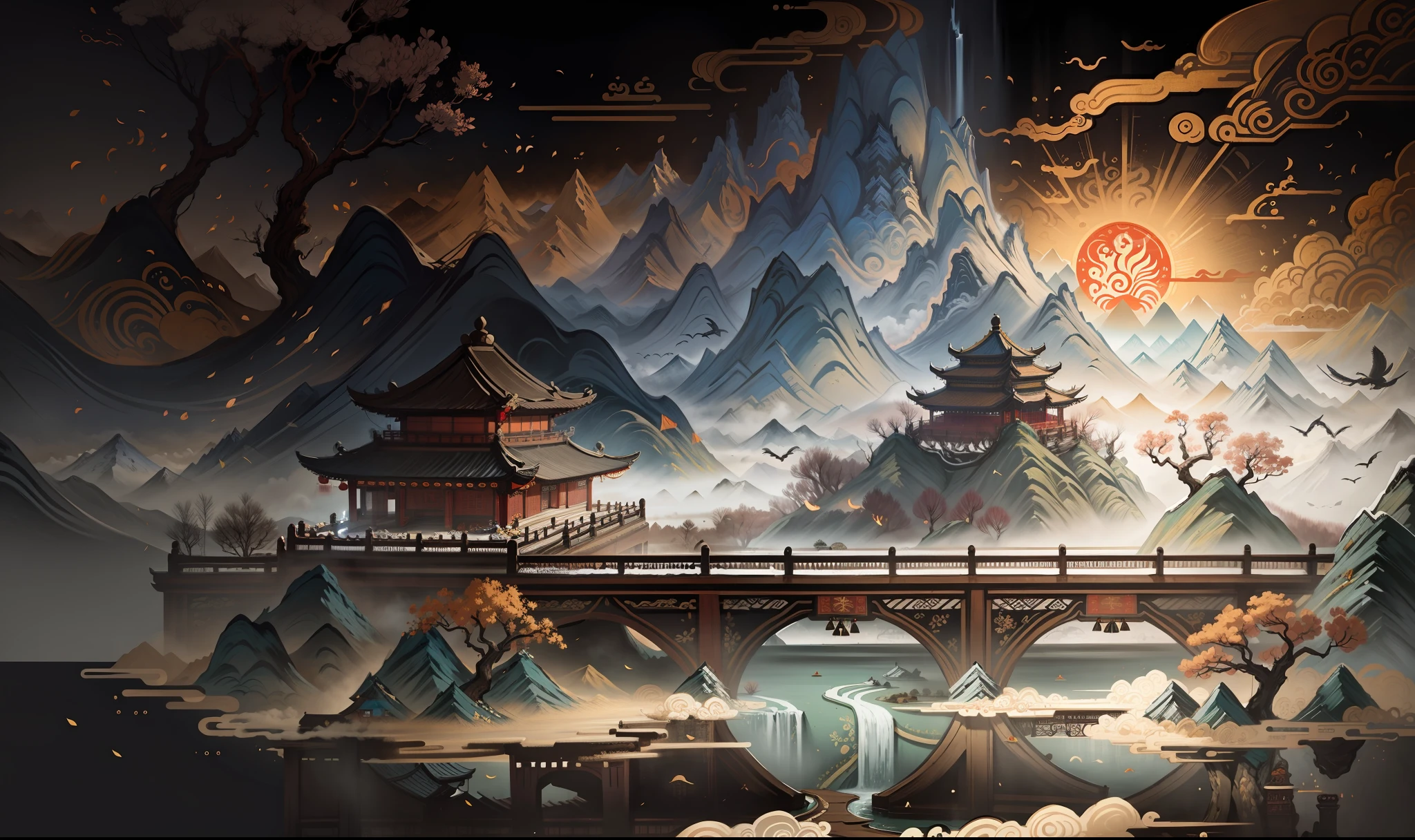 An ancient Chinese painting, ancient Chinese background, mountains, rivers, auspicious clouds, pavilions, sunshine, masterpieces, super detail, epic composition, ultra HD, high quality, extremely detailed, official art, unified 8k wallpaper, Super detail, 32k -- v 6