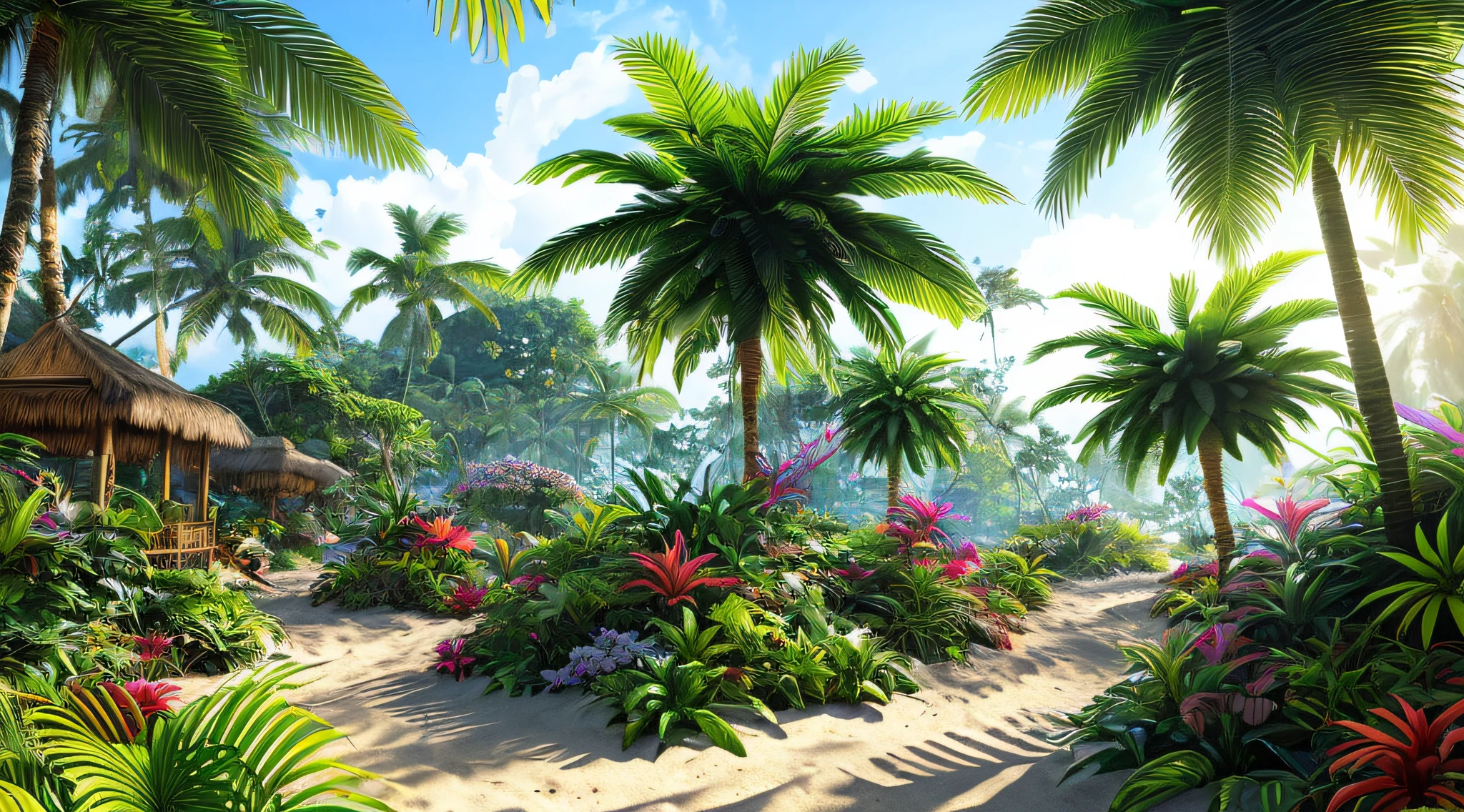 photoreal, photo, bright sunlight, very sunny, summer sun, concept art, fantasy, tropical jungle, tropical beach, alien tropical world, beautiful beach, sunlight, summer, many islands floating in the air, alien tropical plants, tropical alien plants, tropical alien otherworldly flowers, concept art, fantasy, extreme details, realistic light, magnificent composition, (intricate detail), (intricate design, ultra detail: 1.2), photorealistic, (masterpiece, best quality), ultra hd, 32K --v 6