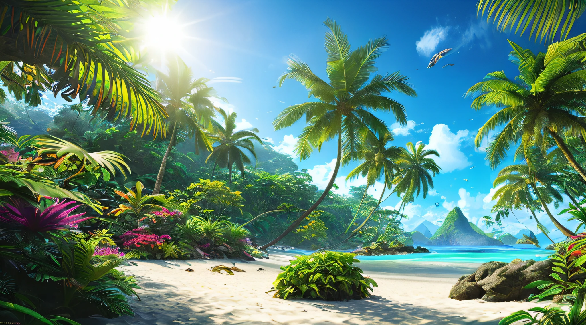 photoreal, photo, bright sunlight, very sunny, summer sun, concept art, fantasy, tropical jungle, tropical beach, alien tropical world, beautiful beach, sunlight, summer, many islands floating in the air, alien tropical plants, tropical alien plants, tropical alien otherworldly flowers, concept art, fantasy, extreme details, realistic light, magnificent composition, (intricate detail), (intricate design, ultra detail: 1.2), photorealistic, (masterpiece, best quality), ultra hd, 32K --v 6