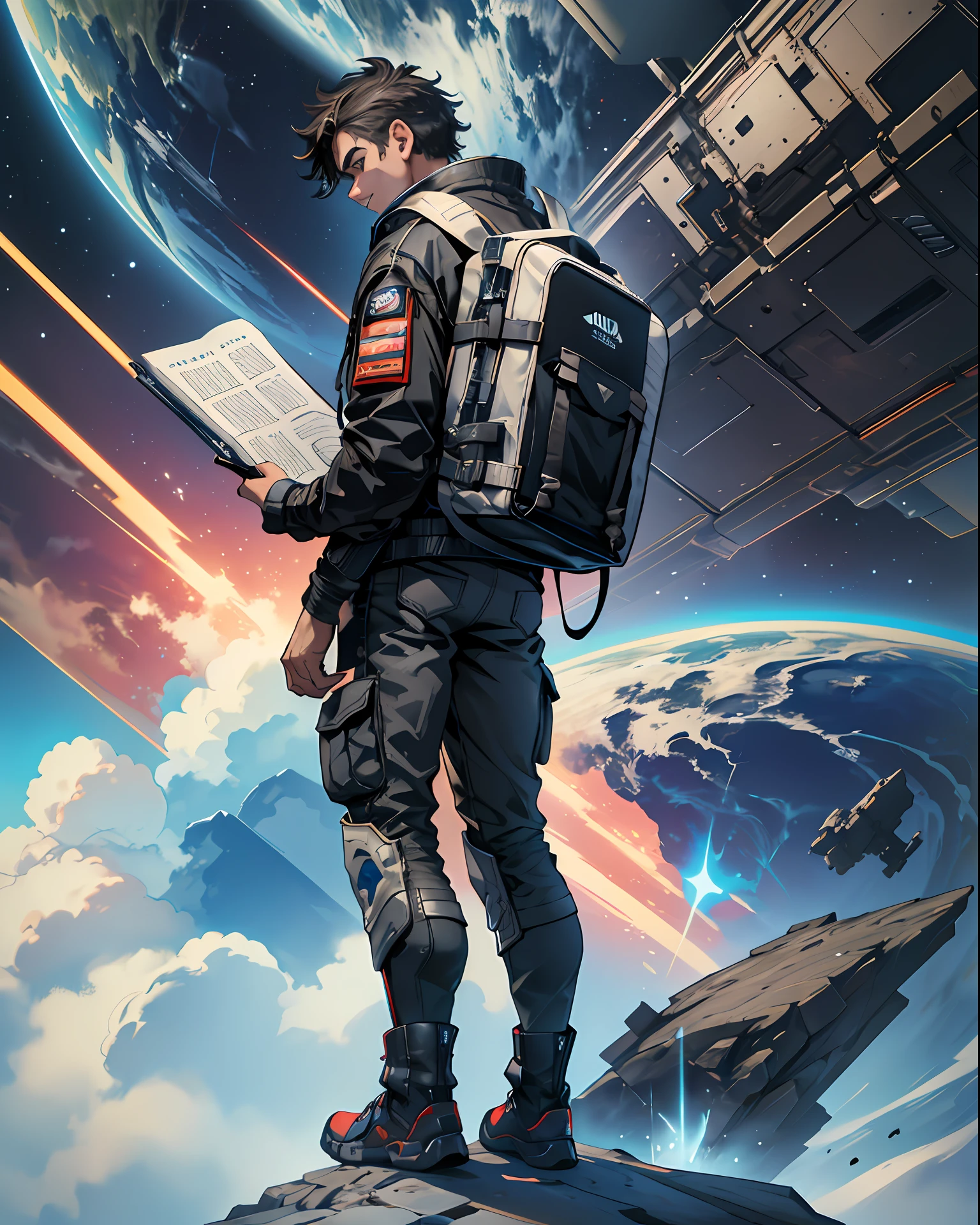 Face clear, eye clarity, detail, ultra high definition, 8K, masterpiece, high quality, detailed, rotating space station, asteroid belt, nebula, junior, muscular, standing on architecture, face back, looking at the audience, tech suit jacket, short messy hair, long legs, boots, notebook in hand,