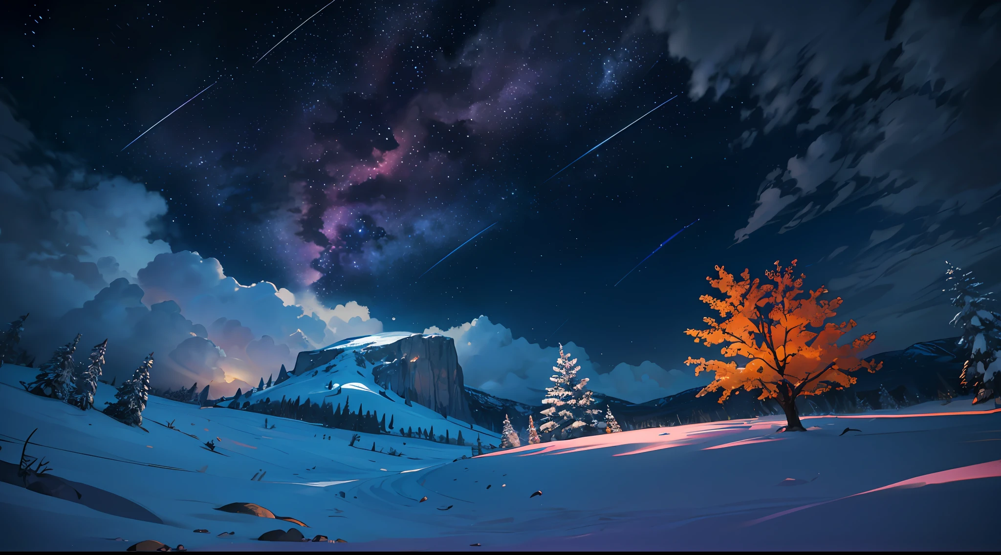expansive landscape photography, (a view from below showing the sky above and the open field below), (full moon: 1.2), (shooting stars: 0.9), (nebula: 1.3), distant mountain, BREAK tree production art, (hot light source: 1.2), (Firefly: 1.2), lamp, very purple and orange, complex details, volumetric lighting, realism BREAK (masterpiece: 1.2), (best quality), 4k,  ultra-detailed, (dynamic composition: 1.4), highly detailed, colorful details, (iridescent colors: 1.2), (bright lighting, atmospheric lighting), dreamy, magical, (solo: 1.2)