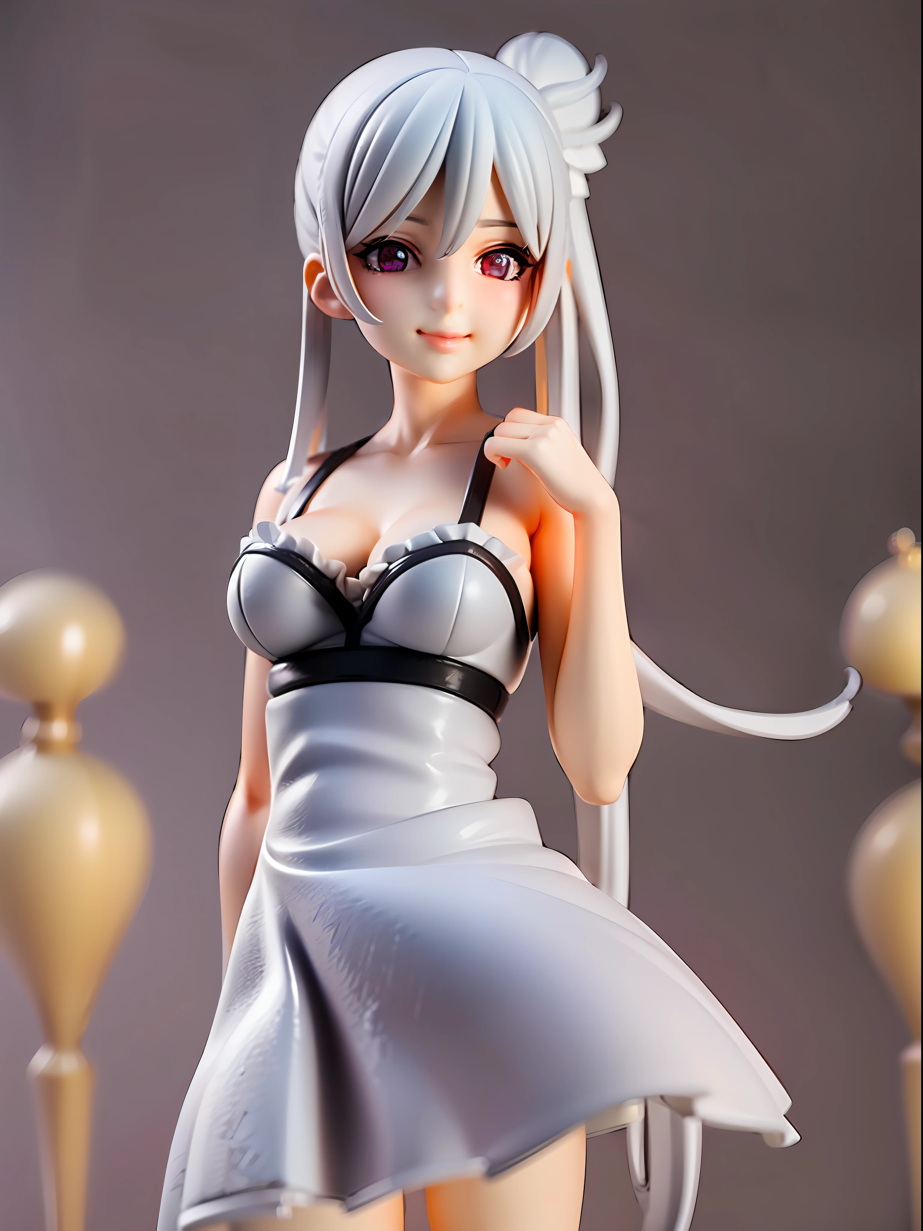 1girl,white hair,((twin tail, lightbule hair highlight)),orange eye, white sporys bra,white strapless dress, full body, chibi, [realistic], [3d], (3dcg), ((octane render)), smile, closed mouth, (8k, RAW photo, best quality, masterpiece:1.2), ultra high res, (((realistic, photo-realistic))), professional lighting, detailed lighting, professional photography, f dynamic angle, high quality, high res, extremely detailed, bloom,depth of field, sketch, sharp focus, soft lighting, good composition, god light highlight, detailed, (((photorealistic details))), detailed skin, to8contrast style