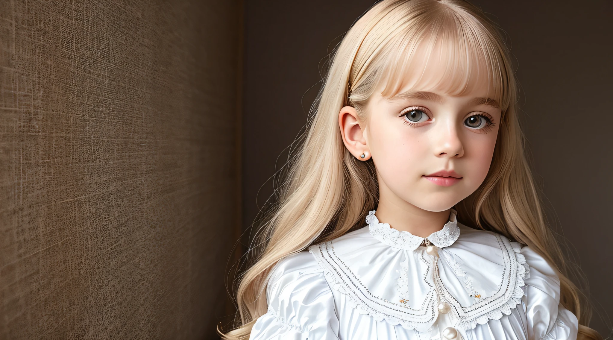  girl, golden eyes, platinum hair girl, pearl brooch in hair, Beautiful woman, Victorian white dress with white ties, Details with white ruffles on dress,Victorian light summer dress, lace collar with a sky blue ribbon on neck, , mixed race European girl with Korean and Greek features, ((best quality)), ((masterpiece)), (high resolution:  1.2), long hair, side bangs, pearl clip, modern hairstyle,