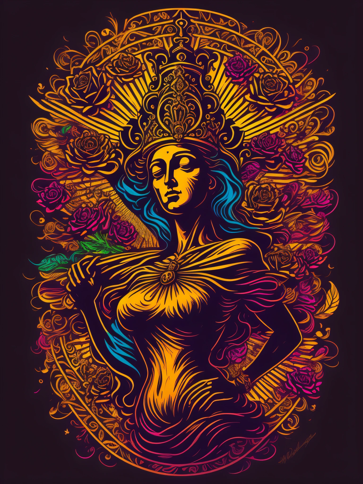 (High quality Chicano airbrush art),(masterpiece, best quality, ultra-detailed),8K resorution,(black background),((richly colored)),((brightly colored)),(head to toe image),(full-length portrait),(symmetrical),(Vertical symmetry),((1 virgin mary,solo)),((large Roses symmetrically placed on both sides)),t-shirt design,(religious symbolism),(inspired by Holy Mary),(detailed additions),(iconography)