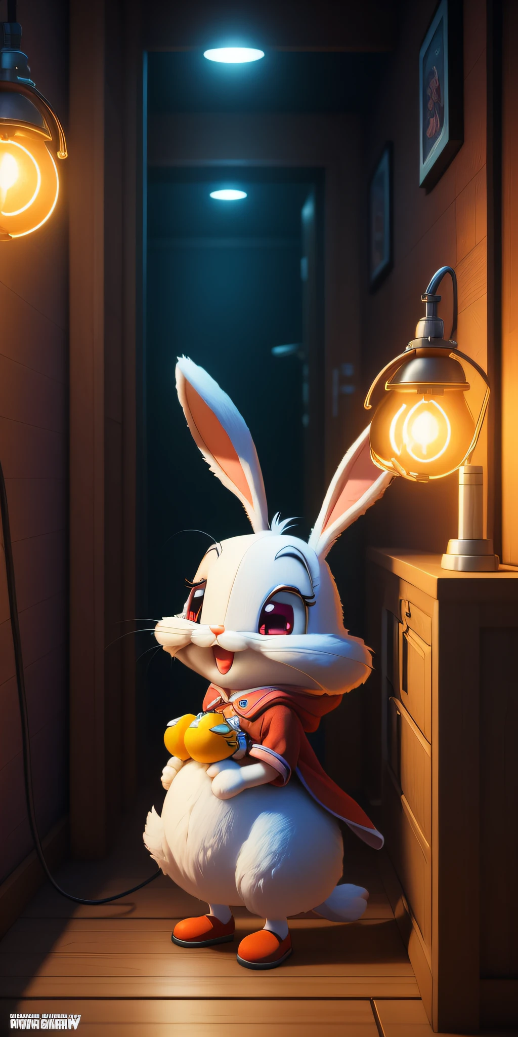 Super Cute Bugs Bunny Cartoon Character Bugs Bunny Unreal Engine Warm Interior Lighting Station Art Detailed Digital Painting Character Design Mark Ryden Pixar Hayao Miyazaki Unreal 5 Dazz Hyper Real - Octane Neon Rendering