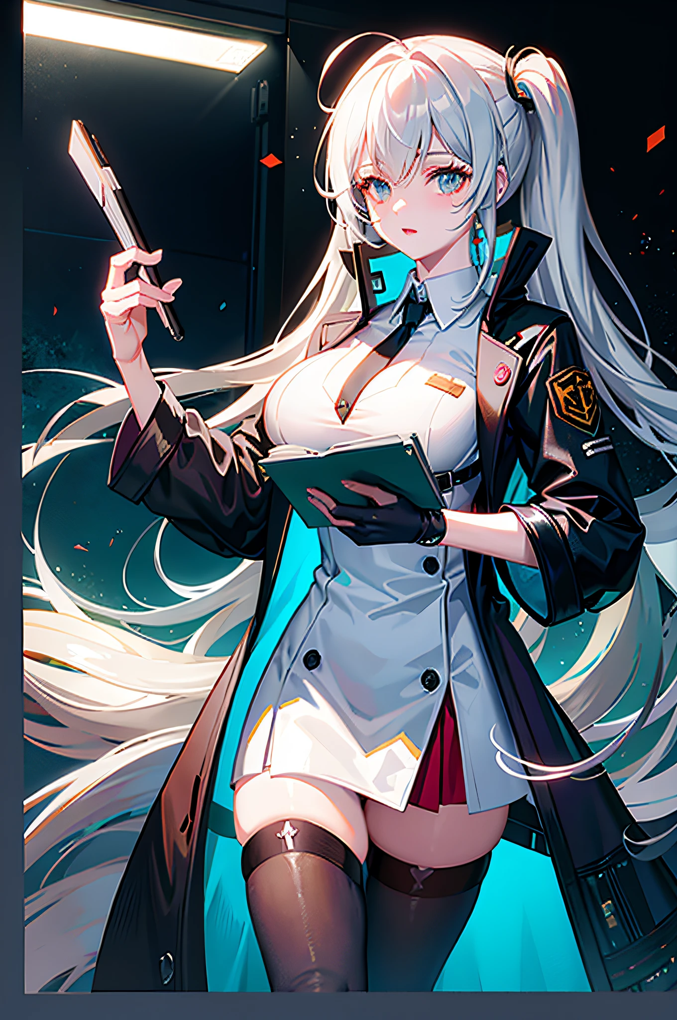 Anime character in lab coat holding clipboard and a book, wearing lab coat, from Girl Front, wearing lab coat and shirt, Girl Frontline style, exquisite details. Girl Front, Cantai Series Style, Girl Frontline Universe, Girl Frontline CG, Wear a Lab Coat, Wear a Lab Coat, Marin Kitagawa Doujin Art, Doctor, Elite Scientist, Girls Front, Big Breasts, Gray Hair,