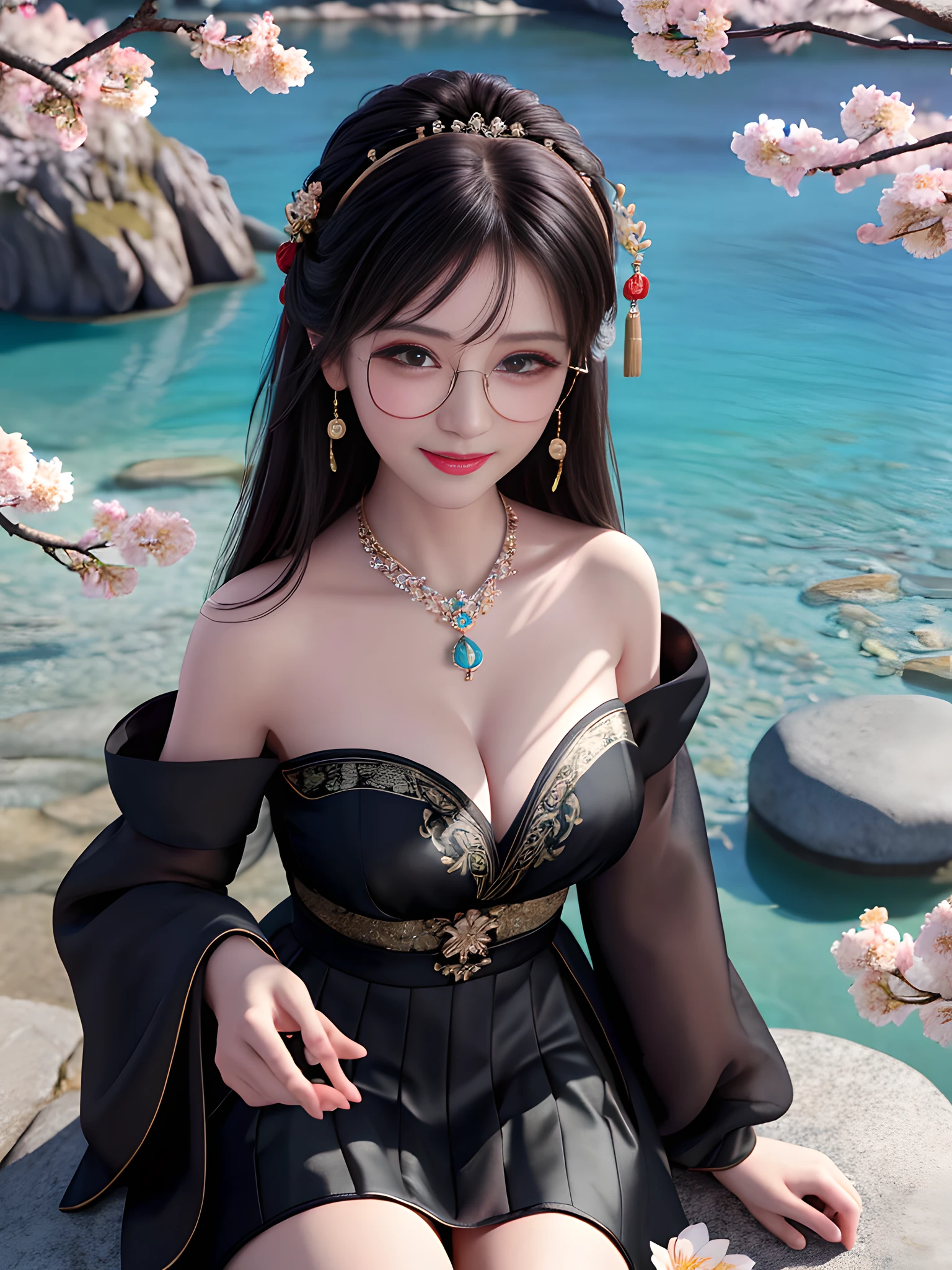 (((A girl))), ((solo)), (Best quality: 1.4), Masterpiece, High quality, High resolution, Excellent, Photo, 8k, wallpaper, very realistic and realistic, sitting on a stone, ((with black glasses)), (blush), star pupils, (realistic face), (high detail face), smile, healing smile, bright big eyes, delicate eyelashes, beautiful face, beautiful and delicate face, (high detail skin), soft light, Chinese Ming dynasty Hanfu, ((black dress) , (short skirt), (large boobs), (bandeau), (cleavage)), leaky shoulders, (leaky legs), long sleeves, (long hair), (bangs), (hair accessories), jewelry, necklaces, jewelry, beauty, light sense, ((mountain), (lake), (cherry blossom bloom)), high detail background, 8k uhd, DSLR, high quality, candid shot, photo, high resolution, 4k