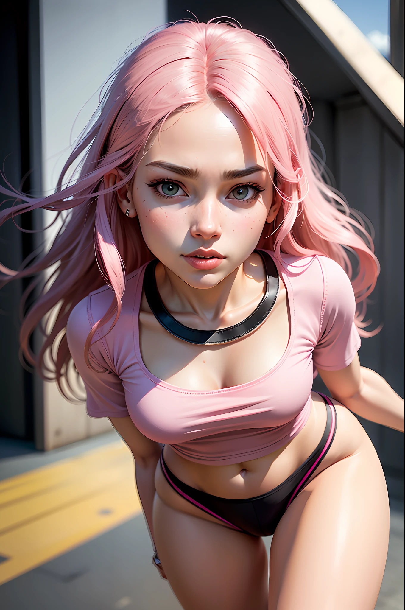 ((realistic face, seductive, adult look)), (pink pink shirt, black underwear, short clothes), (pink long hair, pink Nike sneakers), (22 years), (1 girl), (4k style))