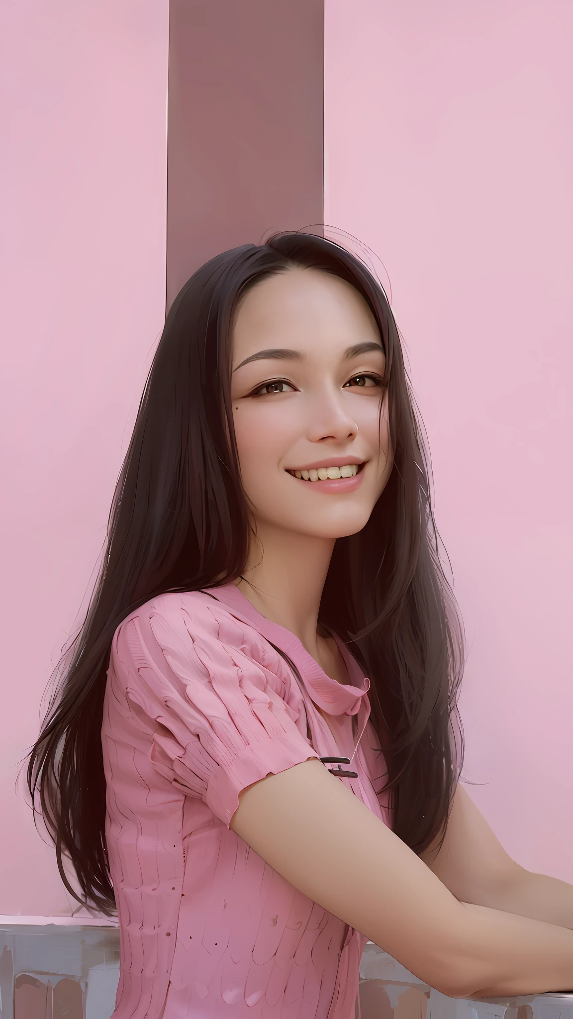 woman with long black hair smiling, realistic, detailed, portrait, Ultra HD, wallpaper, high resolution, full body shot