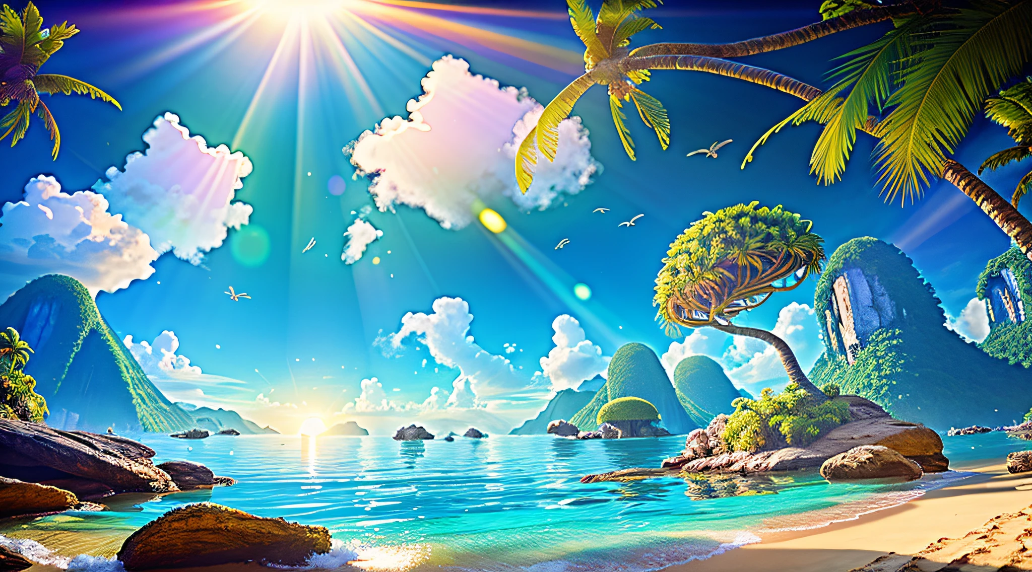 photoreal, photo, bright sunlight, very sunny, summer sun, concept art, fantasy, tropical jungle, tropical beach, alien tropical world, beautiful beach, sunlight, summer, many islands floating in the air, alien tropical plants, tropical alien plants, tropical alien otherworldly flowers, concept art, fantasy, extreme details, realistic light, magnificent composition, (intricate detail), (intricate design, ultra detail: 1.2), photorealistic, (masterpiece, best quality), ultra hd, 32K --v 6