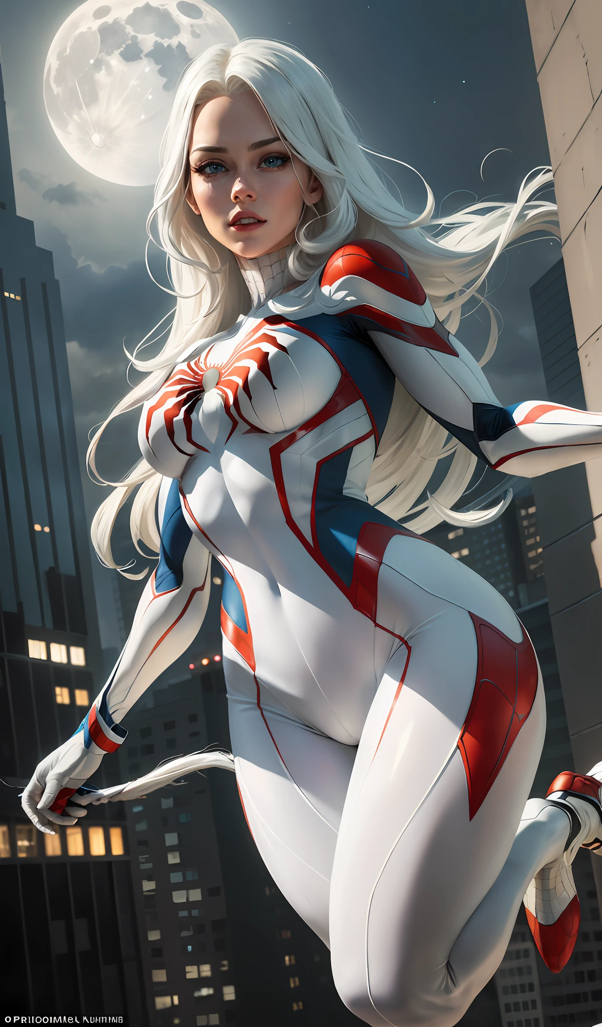 (Masterpiece, 4k resolution, ultra-realistic, very detailed), (White superhero theme, charismatic, there's a girl on top of town, wearing Spider-Man costume, she's a superhero), [ ((25 years), (long white hair:1.2), full body, (blue eyes:1.2), ((Spider-Man pose),show of strength, jumping from one building to another), ((sandy urban environment):0.8)| (cityscape, at night, dynamic lights), (full moon))] # Explanation: The Prompt mainly describes a 4K painting of ultra-high definition, very realistic, very detailed. It shows a superheroine at the top of the city, wearing a Spider-Man costume. The theme in the painting is a white superhero theme, the female protagonist has long white hair, is 25 years old and her entire body is shown in the painting. In terms of portraying the actions of superheroines, spiders are employed