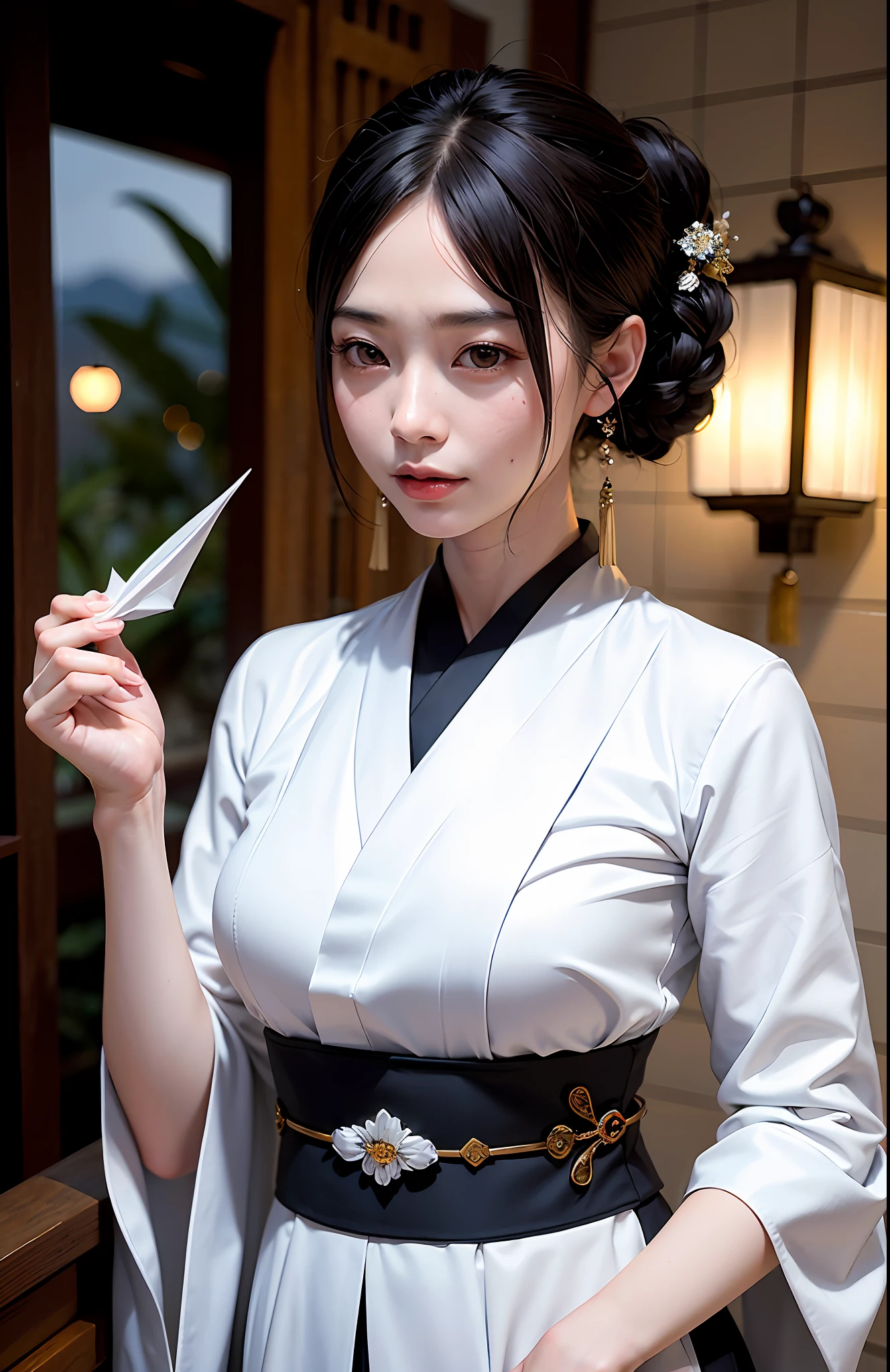 Masterpiece, Best, Night, Full Moon, 1 Female, Mature Woman, Chinese Style, Ancient China, Elder Sister, Royal Sister, Cold Face, origami art, photo of doll in a origami hanfu, ###Japanese paper material###, 8k uhd, dslr, soft lighting, high quality, film grain, Fujifilm XT3,,(NSFW:1.15)