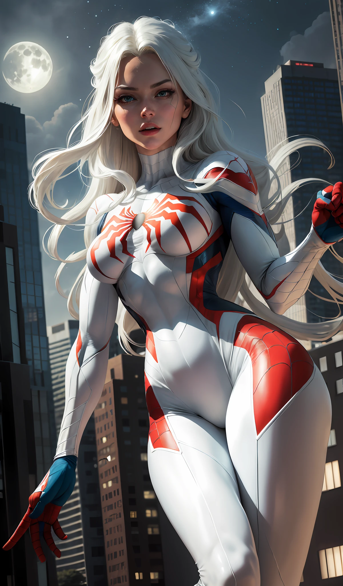 (Masterpiece, 4k resolution, ultra-realistic, very detailed), (White superhero theme, charismatic, there's a girl on top of town, wearing Spider-Man costume, she's a superhero), [ ((25 years), (long white hair:1.2), full body, (blue eyes:1.2), ((Spider-Man pose),show of strength, jumping from one building to another), ((sandy urban environment):0.8)| (cityscape, at night, dynamic lights), (full moon))] # Explanation: The Prompt mainly describes a 4K painting of ultra-high definition, very realistic, very detailed. It shows a superheroine at the top of the city, wearing a Spider-Man costume. The theme in the painting is a white superhero theme, the female protagonist has long white hair, is 25 years old and her entire body is shown in the painting. In terms of portraying the actions of superheroines, spiders are employed