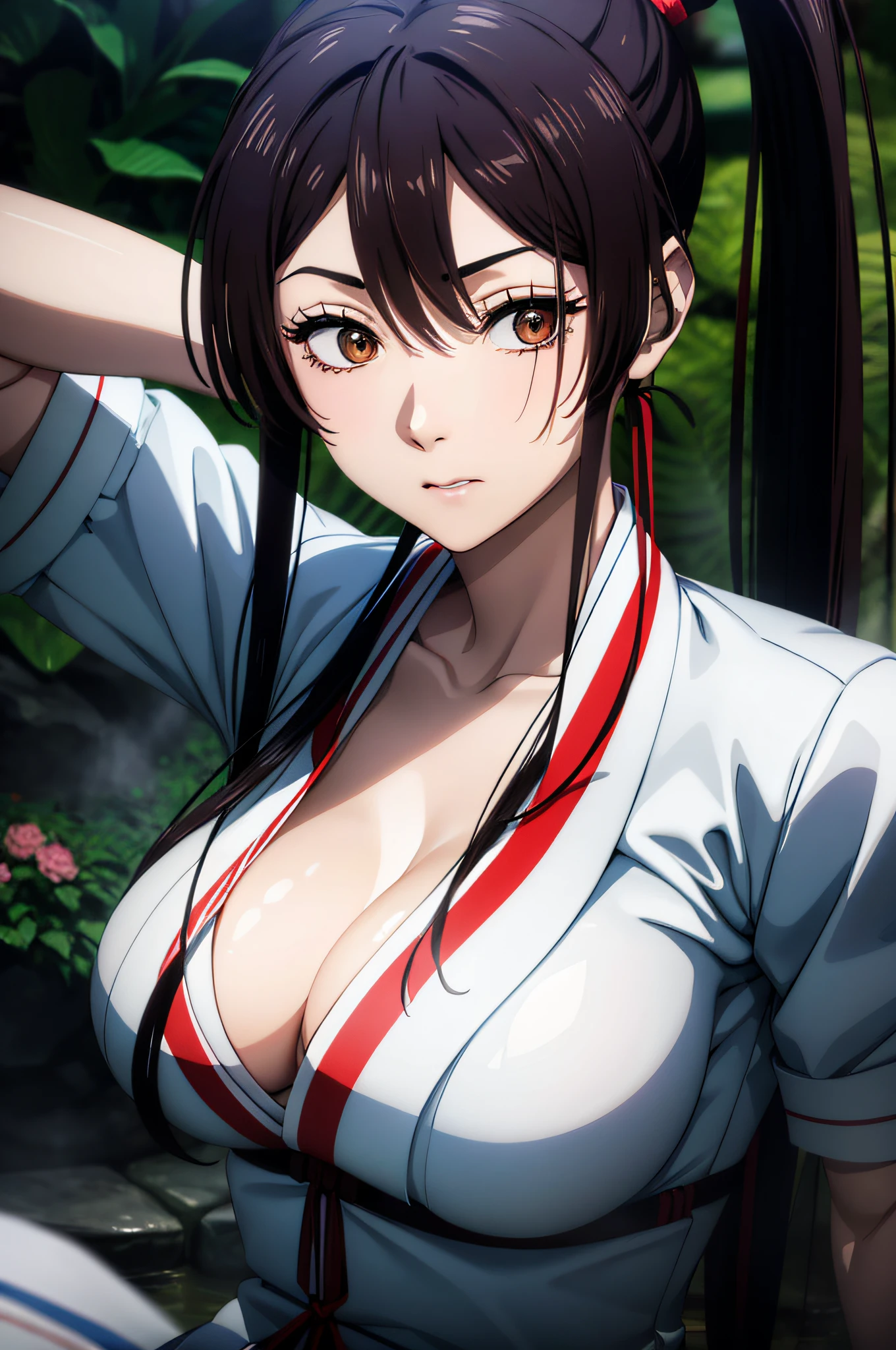 (masterpiece), (best quality), (Detail: 1.4) asaemon_sagiri, 1girl, long_hair, sexy posture, white kimono with open breasts, wet clothes, open underwears, breasts out, heavy breathing, looking_at_viewer, black_hair, brown_eyes, upper_body, ponytail, sidelocks, japanese_clothes, big breasts, high_ponytail, black haori, bed,