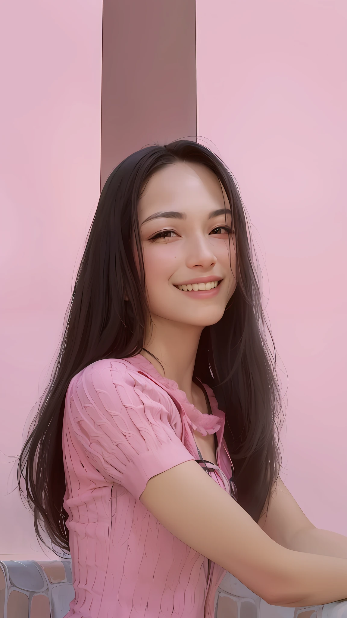 woman with long black hair smiling, realistic, detailed, portrait, Ultra HD, wallpaper, high resolution, full body shot