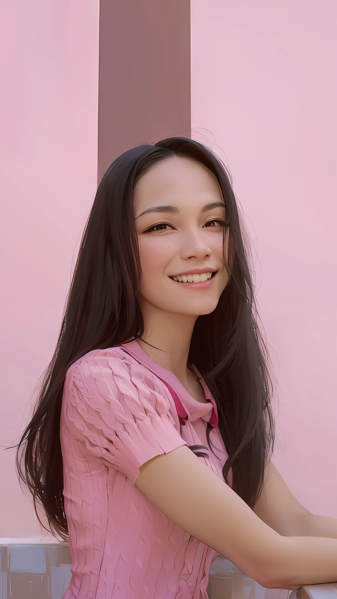 woman with long black hair smiling, realistic, detailed, portrait, Ultra HD, wallpaper, high resolution, full body shot
