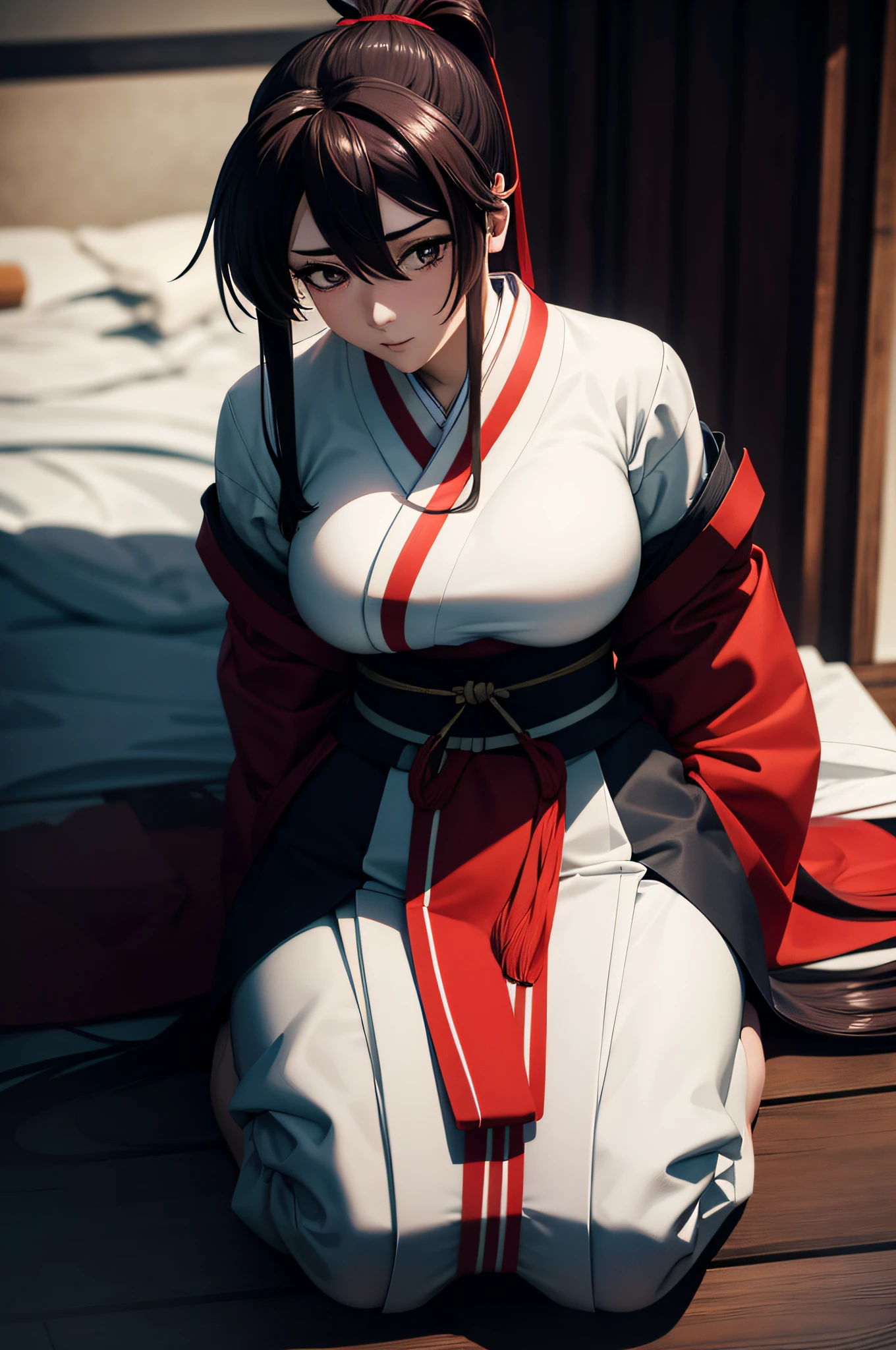 (masterpiece), (best quality), (Detail: 1.4) asaemon_sagiri, 1girl, long_hair, sexy posture with katana, white kimono with open breasts, wet clothes, open underwears, breasts out, heavy breathing, looking_at_viewer, black_hair, brown_eyes, upper_body, ponytail, sidelocks, japanese_clothes, kimono, big breasts, high_ponytail, black haori, bed,