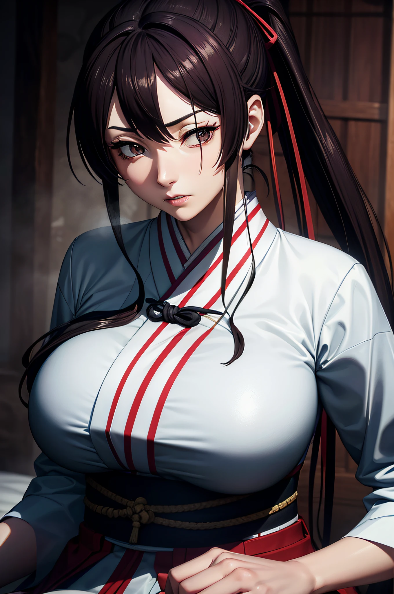 (masterpiece), (best quality), (Detail: 1.4) asaemon_sagiri, 1girl, solo, long_hair, sexy posture with katana, katana japanese, white kimono with open breasts,wet cloths, open underwears, breasts out, heavy breathing, looking_at_viewer, black_hair, brown_eyes, upper_body, ponytail, sidelocks, japanese_clothes, kimono, big breasts, high_ponytail, black haori, bed,