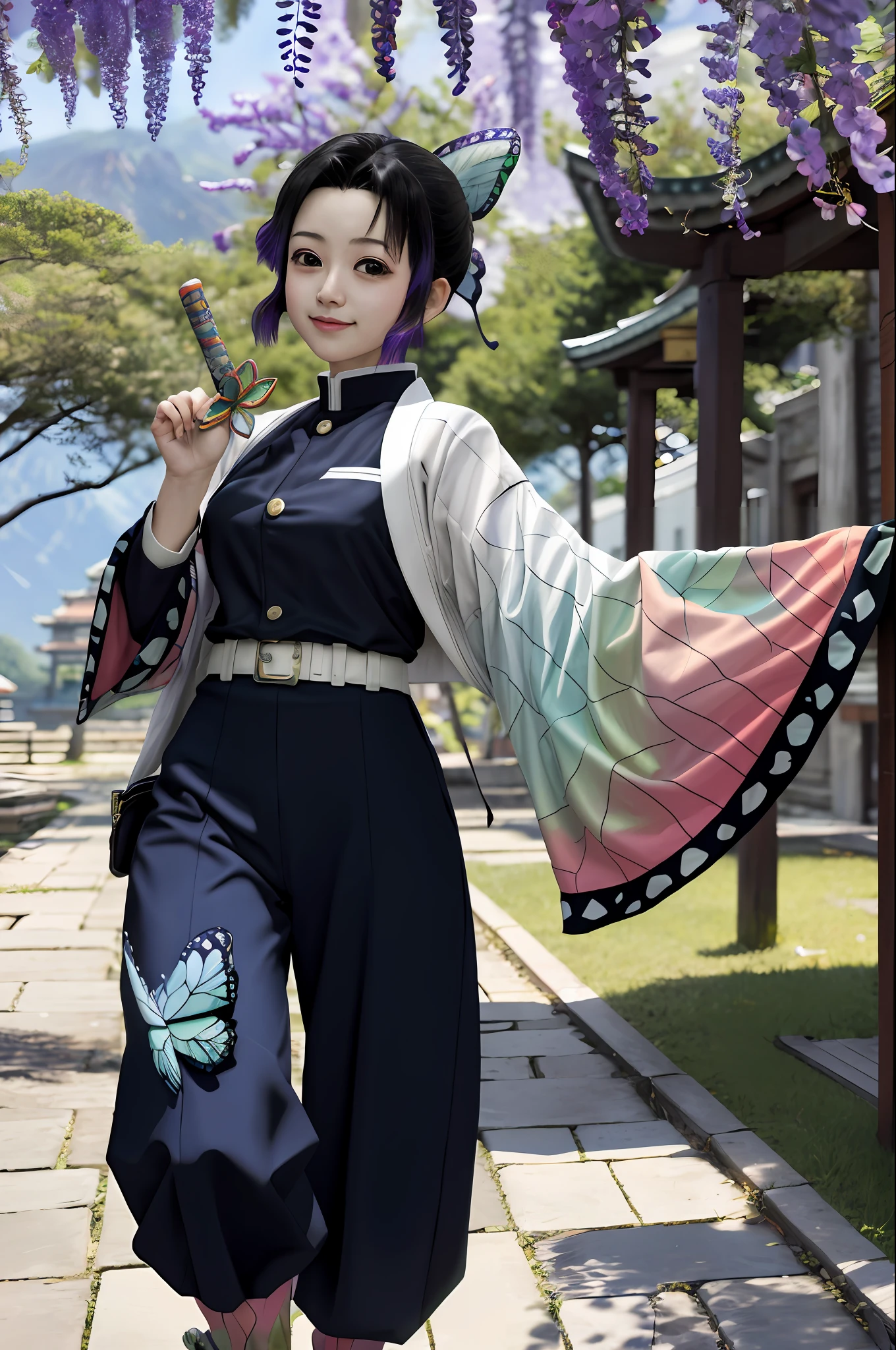 masterpiece, ultra detailed, background is temple, kochou shinobu