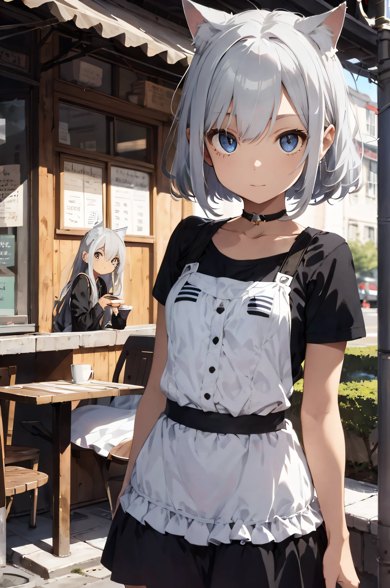 (Style Princess:0.8), Cat-eared Beautiful Girl, Silver Hair, Small, One Girl, Bikini, (Silver Hair), ((Cafe)), Slim, Masterpiece, High Contrast, Ultra Detail, Best Quality, Ultra High Definition, High Definition, Details
