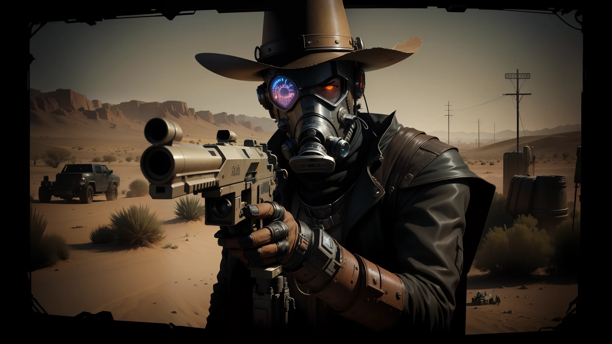 arafed man in a gas mask holding a gun in a desert, cyberpunk wild west, steampunk tribal mask, still from animated horror movie, film still from sin city, full - body portrait of a ranger, style of the game rimworld, the scarecrow, pick up behind you, cosplay photo, intimidating appearance, the most advanced humanoid robot, conceptart.com --auto --s2