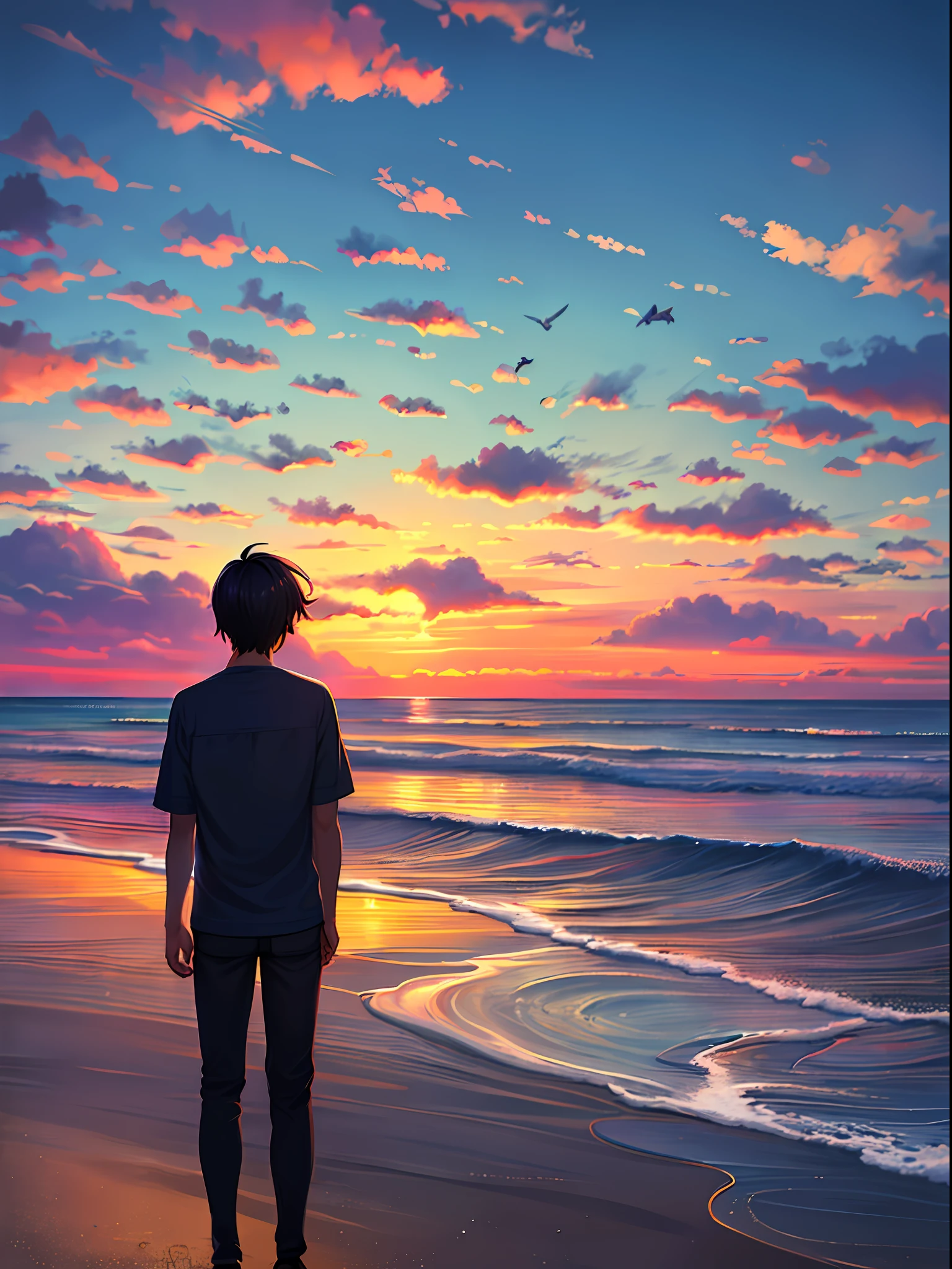 Painting of young man standing on the beach watching sunset. The backlight turns the young man into a black shadow. The young man is a high school student with long bangs. anime, Makoto Shinkai Cyril Roland, inspired by Cyril Roland, animated art wallpaper 4k, sky blue and peach gradient. Seagulls are flying. Beautiful delicate touch illustration.