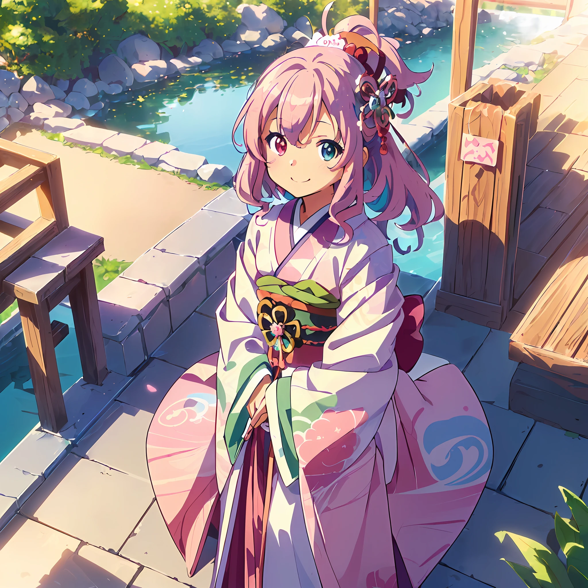 18:55:24
(masterpiece,ultra-detailed,Best quality, 8k, 32k,high resolution,Kyoto Animation style of anime illustration, highest quality official art featuring:1.6),(heterochromia,blue eyes and green eyes:1.8),(chibi:1.8),(caregiver,1 cute girl,solo,standing,looking at viewer,full body,front body,cute open mouth,make up,kawaii,happy smile:1.3),(loli:1.2),(kawaii:1.5),(1 cute samurai girl, fantasy, isekai, long wavy hair, pale pink hair, delicate eyes, wahuku, kimono,