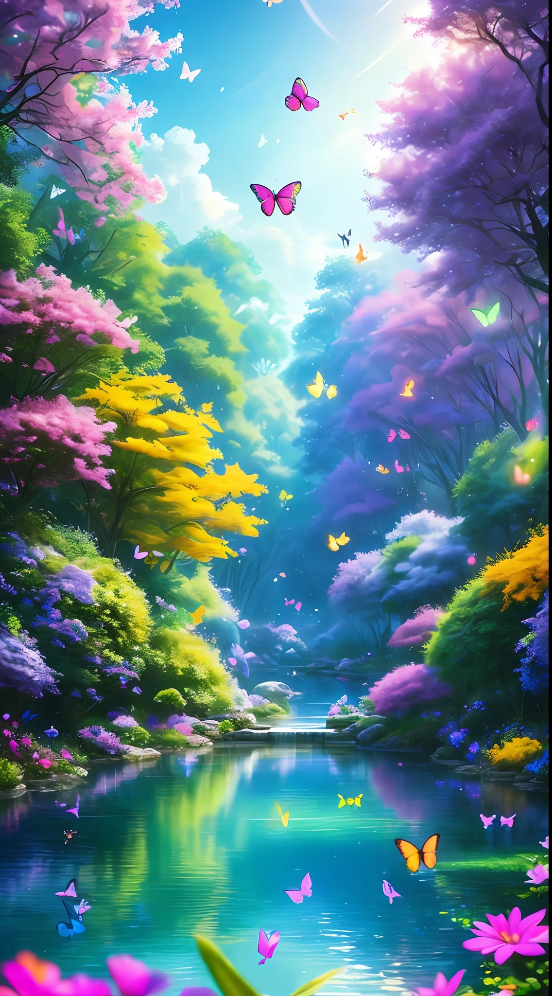 Masterpiece, best quality, high quality, highly detailed cg unity 8k wallpaper, an extremely colorful and pure fantasy environment, vibrant tones and bright skies, bright green grass landscapes, colorful trees, sparkling Fruits and bright blue flowers. The streams were deep blue, and there was a sweet, exotic flavor in the air. Environment seems taken out of a dream, glowing butterflies and huge colorful birds flying around, award winning photography, bokeh, depth of field, HDR, bloom, chromatic aberration, realistic, very detailed, trending on artstation , trending on cgsociety, intricate, high detail, dramatic, midjourney art