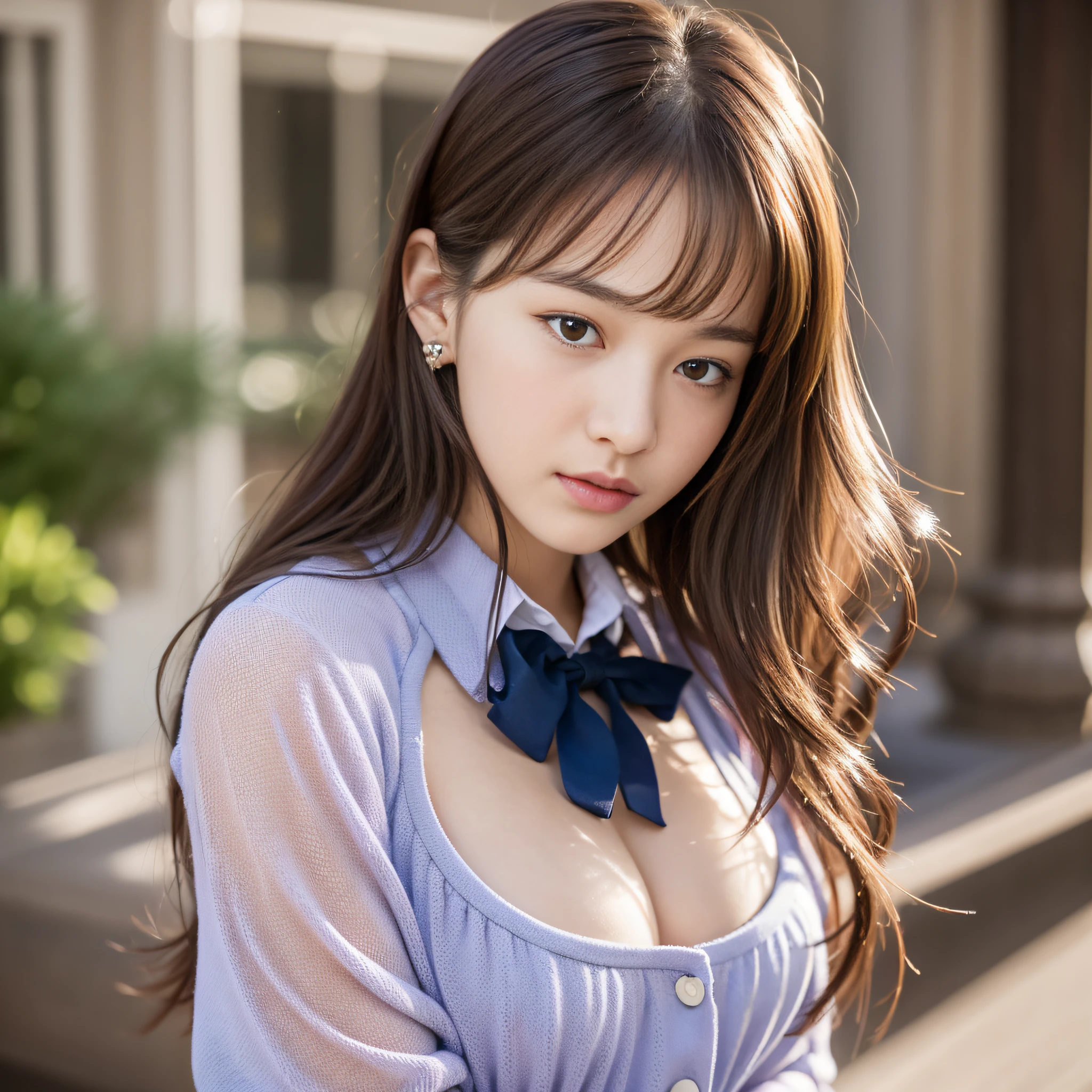 best quality, realistic, photorealistic, extremly detailed, an extremely delicate and beautiful, RAW photo, professional lighting, light on face, depth of field, a 19 years old girl,1 girl, brown hair, brown eyes, smaller head, fashion girl, hair covers ears, hair ribbon, beautiful eyes, small breast,real face, real skin, realistic face, realistic skin, detailed eyes, detailed facial features, detailed clothes features, detailed face and breast, school uniform, full body, looking back at viewer, focus on legs, sexy pose, (ulzzang-6500:0.1)