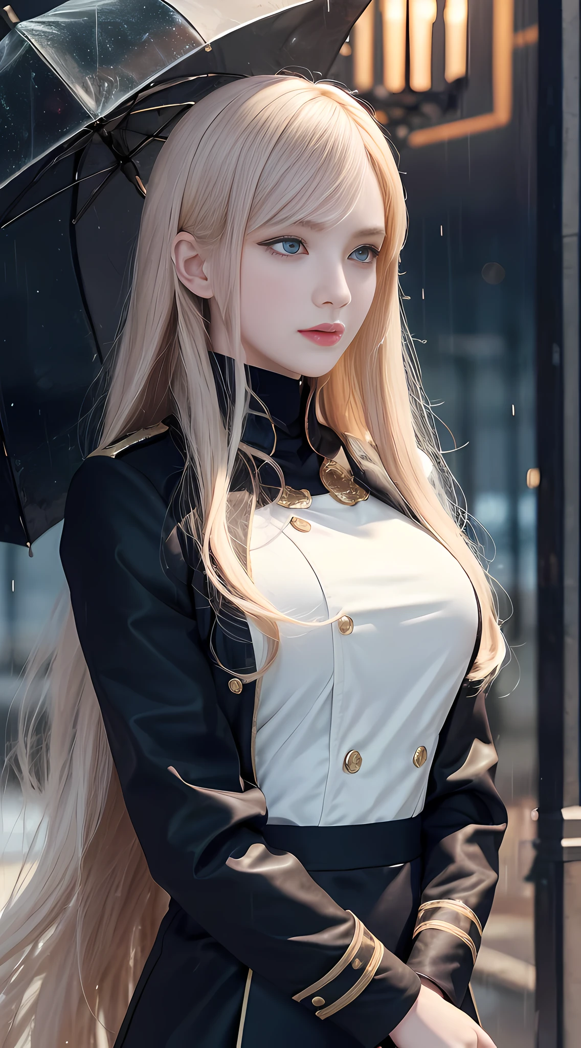 (1girl:1.3), Solo, __Body Parts__ Delicate and realistic skin, Pale skin, Big, Official Art, Unified 16k wallpaper, Ultra detailed, Beauty and aesthetics, Beauty, Masterpiece, Best Quality, Night, Rainy Day, In Saipunk City, Real, Fire Emblem Uniform, Fantastic Atmosphere, Calm Color Palette, Peaceful Mood, Soft Shadows, Glamour