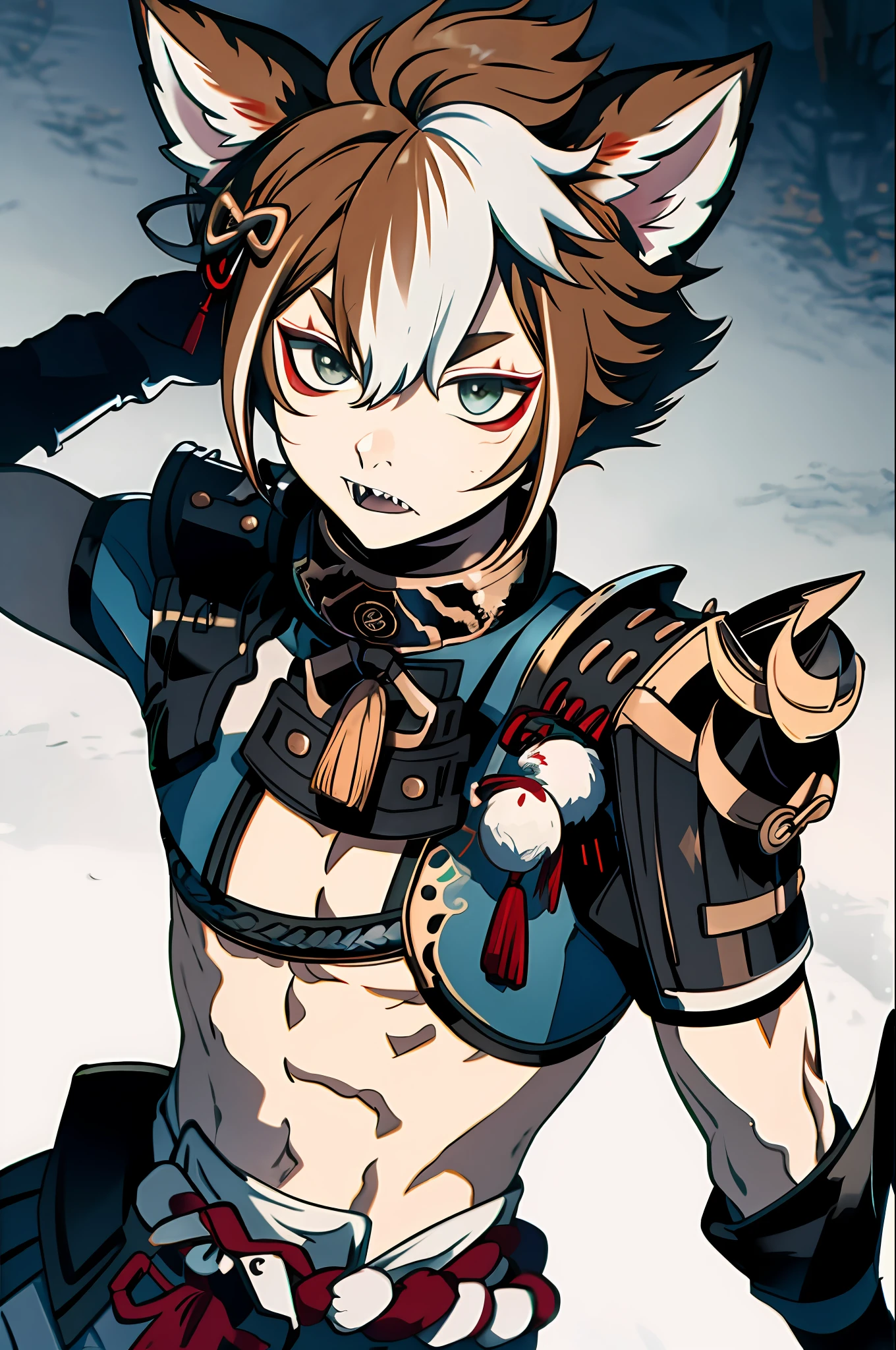 gorou (genshin impact),little boy, 1boy, male focus, animal ears, solo, multicolored hair, brown hair, dog boy, white hair, tassel, dog ears, armor, upper body, streaked hair, bangs, fangs, vampire teeth, vampir, blood on face, blood on clothes, blood in mouth, eating human flesh, demon wings