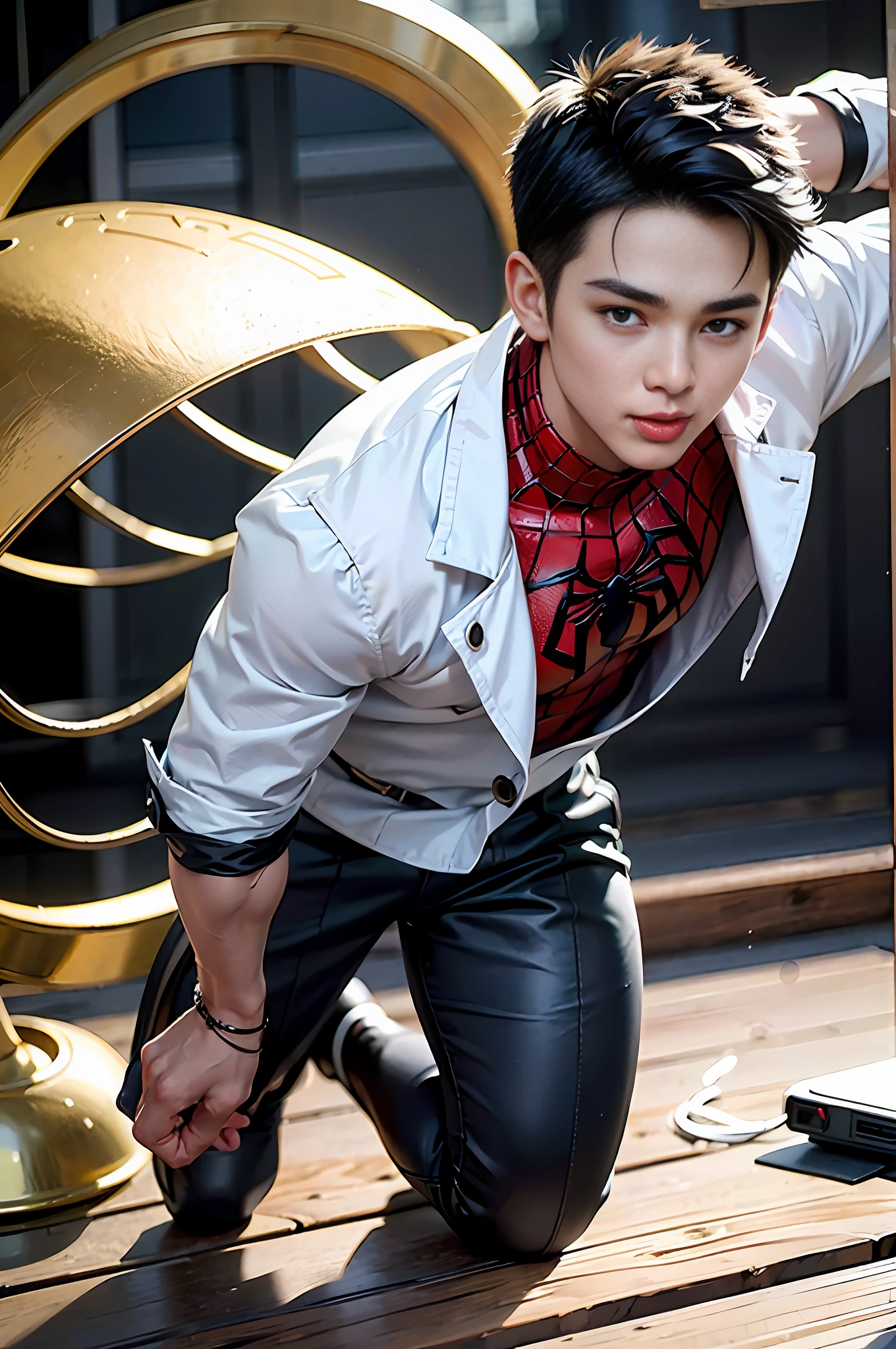 RAW,1boy, (A charming 18-year-old Chinese boy: 1.5), (no mask, face: 1.2), (no top, abs: 2) handsome, (kneeling, legs apart, hands crossed at the waist: 2.2), masterpiece, ultra-fine photo, best quality, looking at the lens, super high resolution, photorealistic feeling, sunny handsome, full body portrait, delicate face, vibrant eyes, he wears futuristic steel man Spider-Man costume, very detailed background, detailed face, detailed complex busy background, highly detailed skin, realistic skin details, visible pores, sharp focus, volumetric fog, 8k UHD, DSLR, high quality, film grain, photo realism, wheat-colored skin, (lower body bulge: 1.5), perfect body proportions, panorama, figure facing forward, no side photo, focus on hands, hand optimization, focus hands, cute, (abs: 1.3), muscular chest, muscular limbs, pronounced muscle lines, delicate facial features, (High detail skin: 1.2), masterpiece gay young naked boy, tired and handsome facial features, rainy weather, soaked skin, charming, tight waist, buttocks, bare chest, big pectoral muscles, wheat-colored skin, movie texture, fine picture