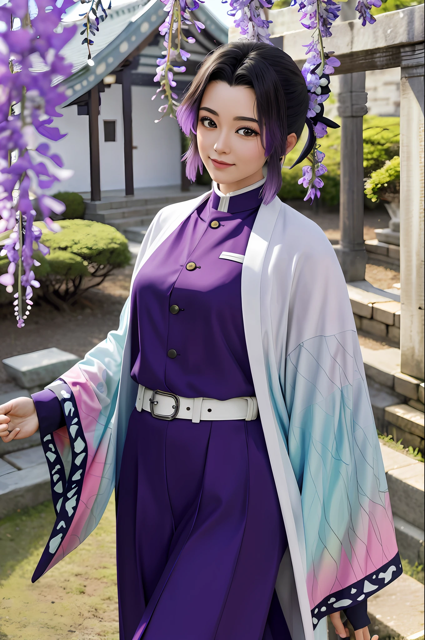 Masterpiece, super detailed, background is a temple, Kocho Shinobi, Wisteria trellis