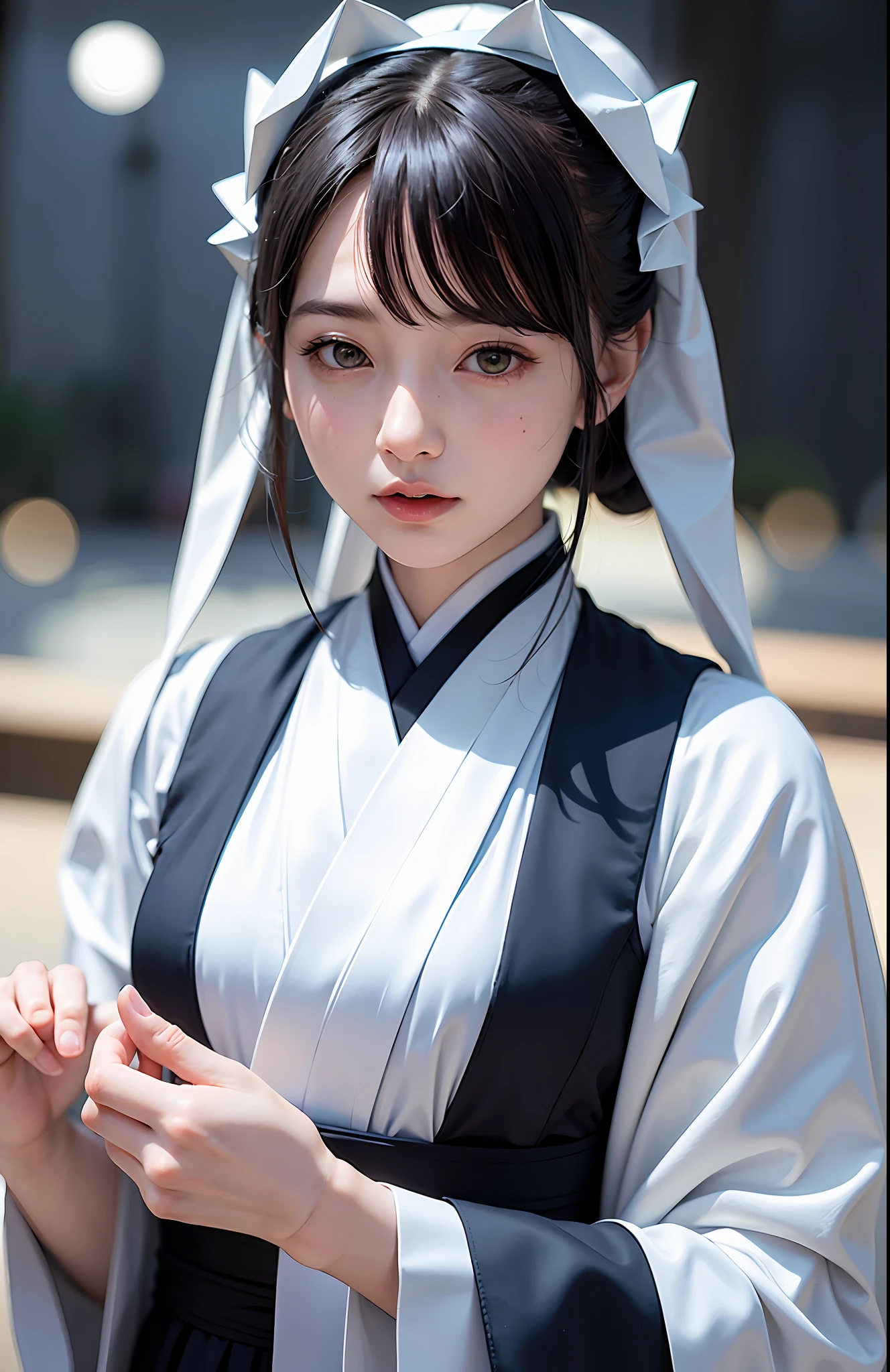 Masterpiece, Best, Night, Full Moon, 1 Female, Mature Woman, Elder Sister, Royal Sister, Cold Face, origami art, photo of doll in a origami hanfu, ###Japanese paper material###, 8k uhd, dslr, soft lighting, high quality, film grain, Fujifilm XT3,,(NSFW:1.15)