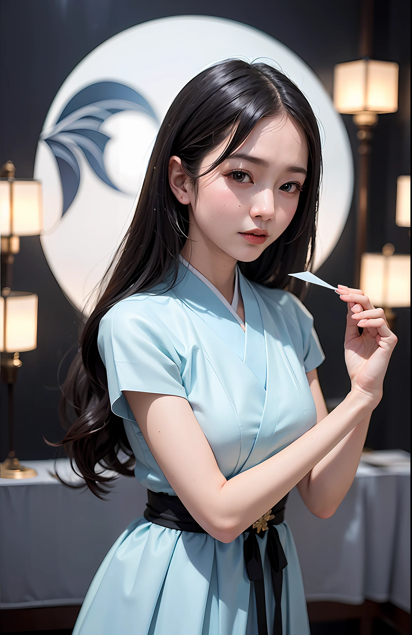 Masterpiece, Best, Night, Full Moon, 1 Female, Mature Woman, Elder Sister, Royal Sister, Cold Face, origami art, photo of doll in a origami hanfu, ###Japanese paper material###, 8k uhd, dslr, soft lighting, high quality, film grain, Fujifilm XT3,,(NSFW:1.15)